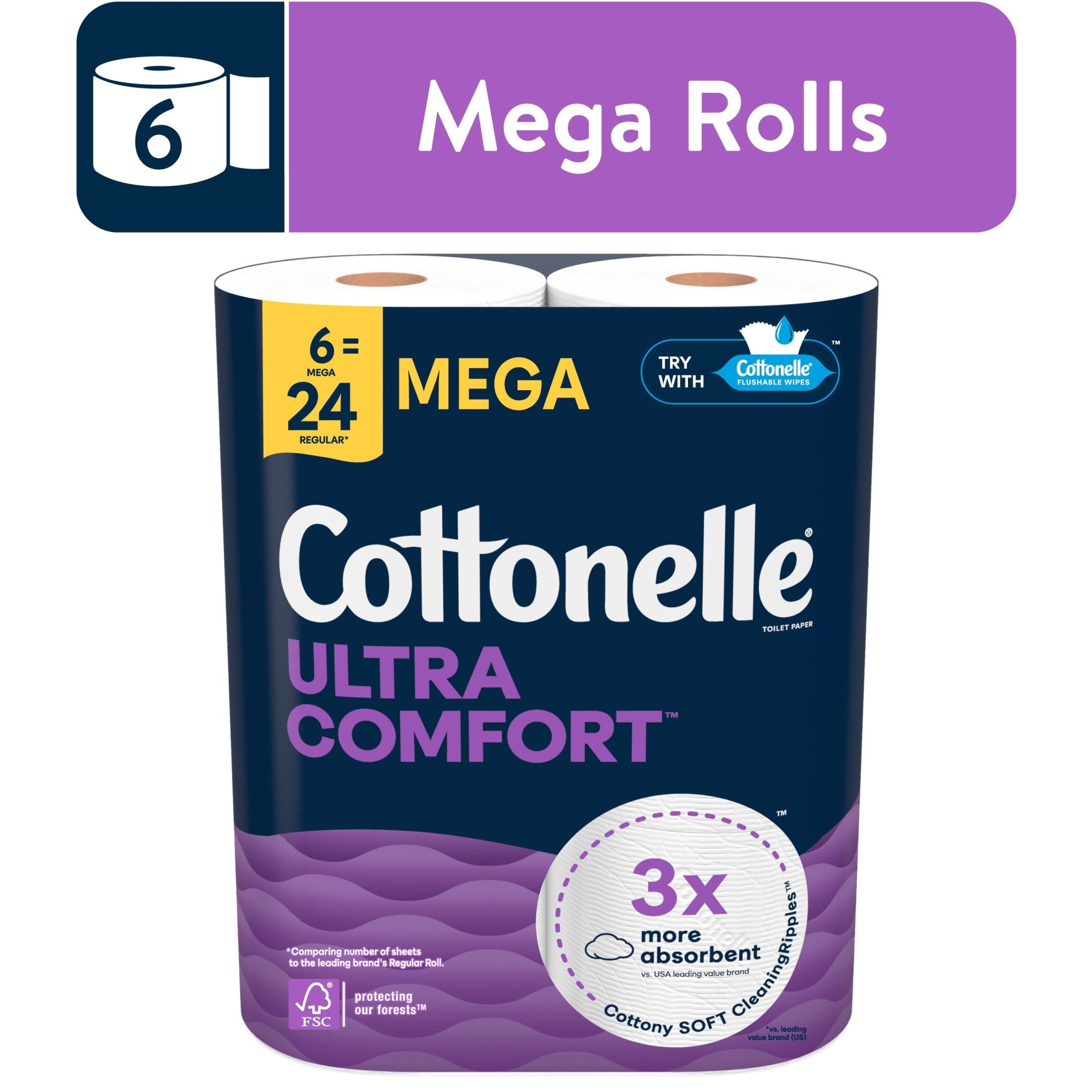 Cottonelle Ultra Comfort Toilet Paper - Soft Toilet Tissue, 6 Mega Rolls - 4-Pack