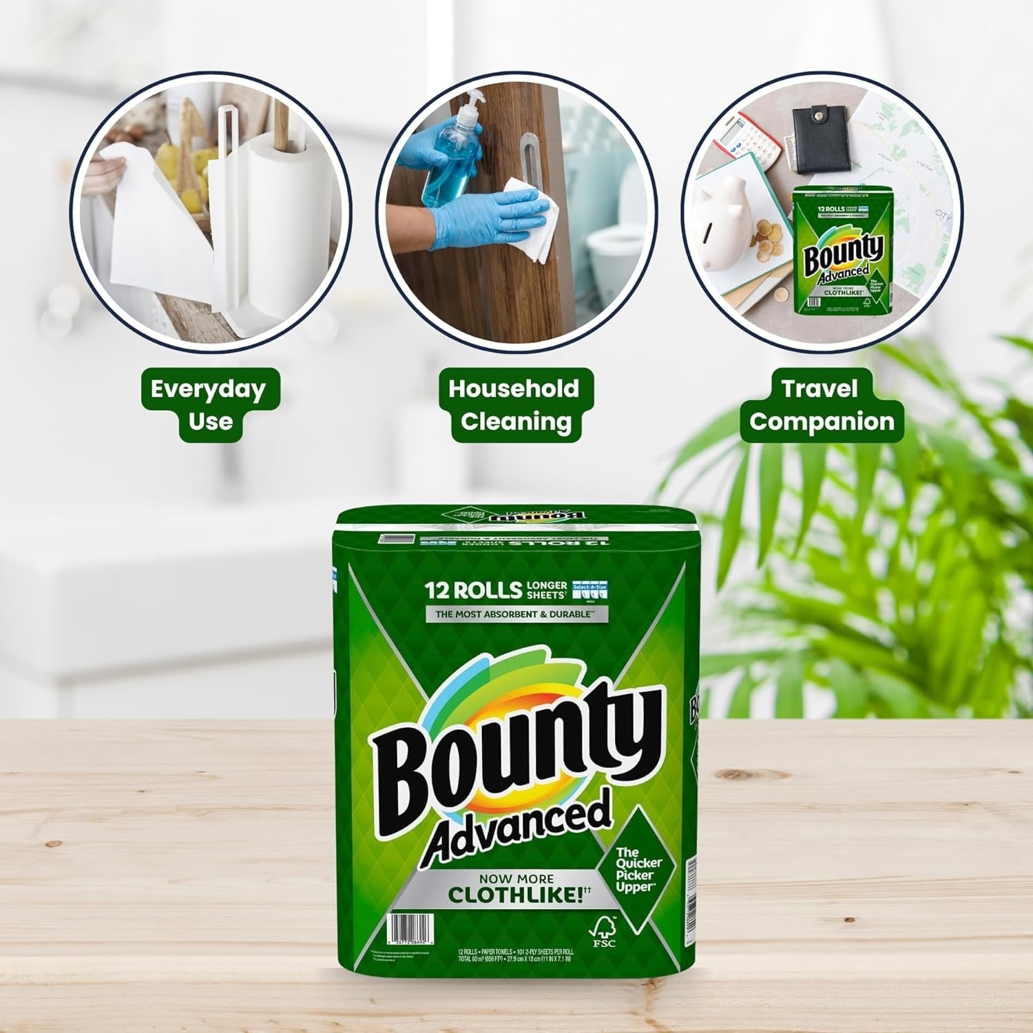 Bounty Advanced 2-Ply Paper Towel 12 Rolls - Absorbent - Durable, Longer Sheets - Select-A-Size