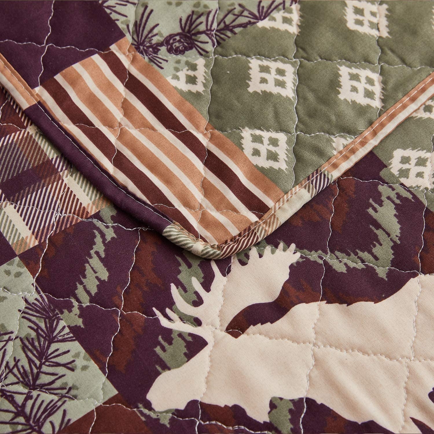Jessy Home Rustic Lodge Bedding Twin Moose Quilt Plaid Patchwork Bear Poly Fill Quilt Bedspread Coverlet