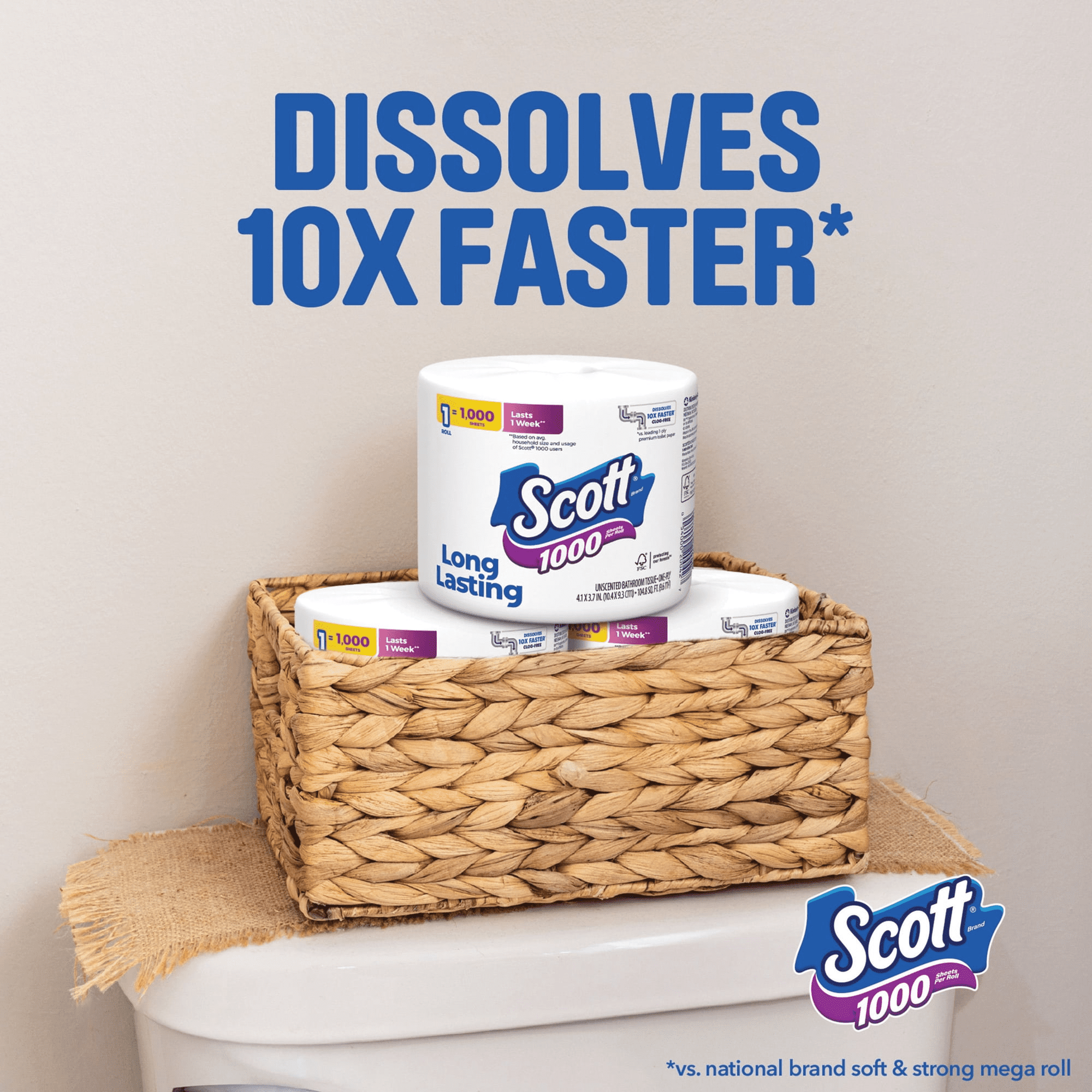 Scott 1000 1-Ply Toilet Paper 45 rolls - 1, 000 (4x more sheets )