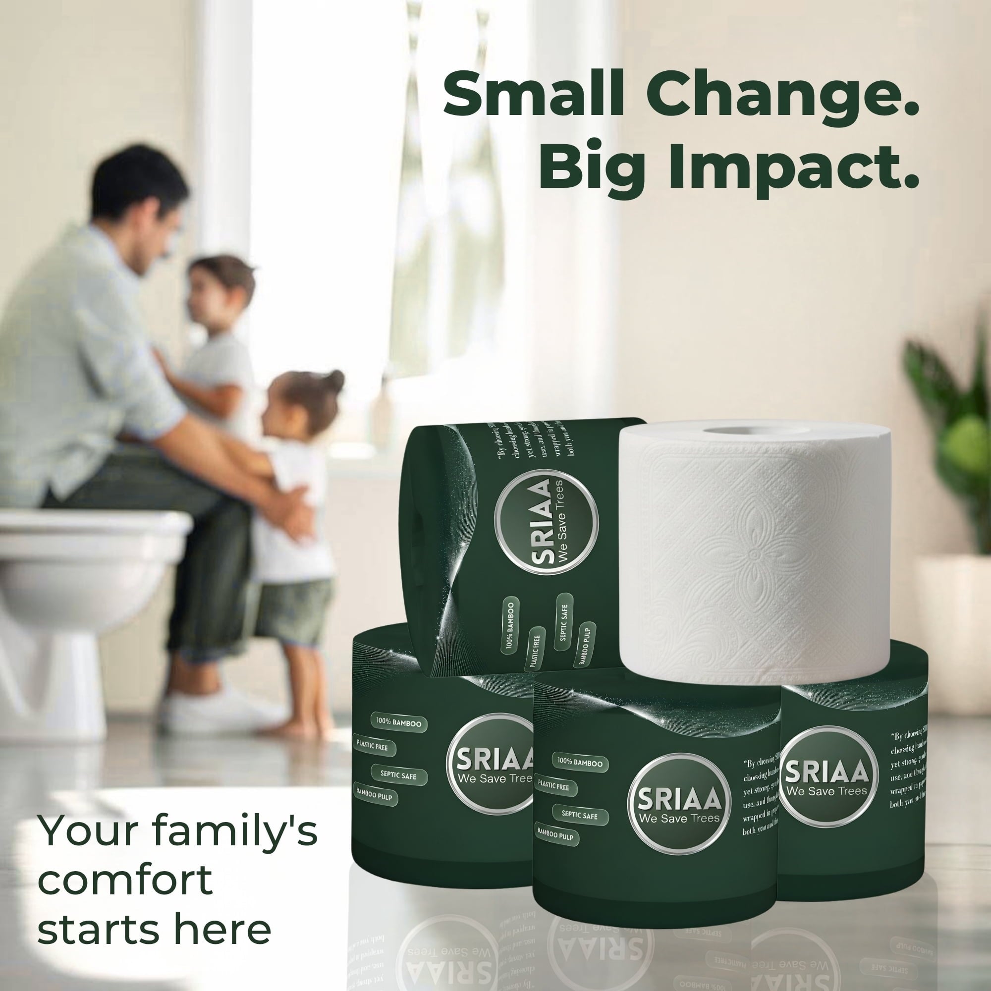 SRIAA Premium Organic 100% Bamboo Tree-Free Toilet Paper - 12 Mega Rolls, 3-Ply, 300 Sheets per Roll, Septic Safe, Plastic Free, FSC Certified