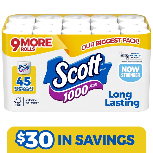Scott 1000 1-Ply Toilet Paper 45 rolls - 1, 000 (4x more sheets )