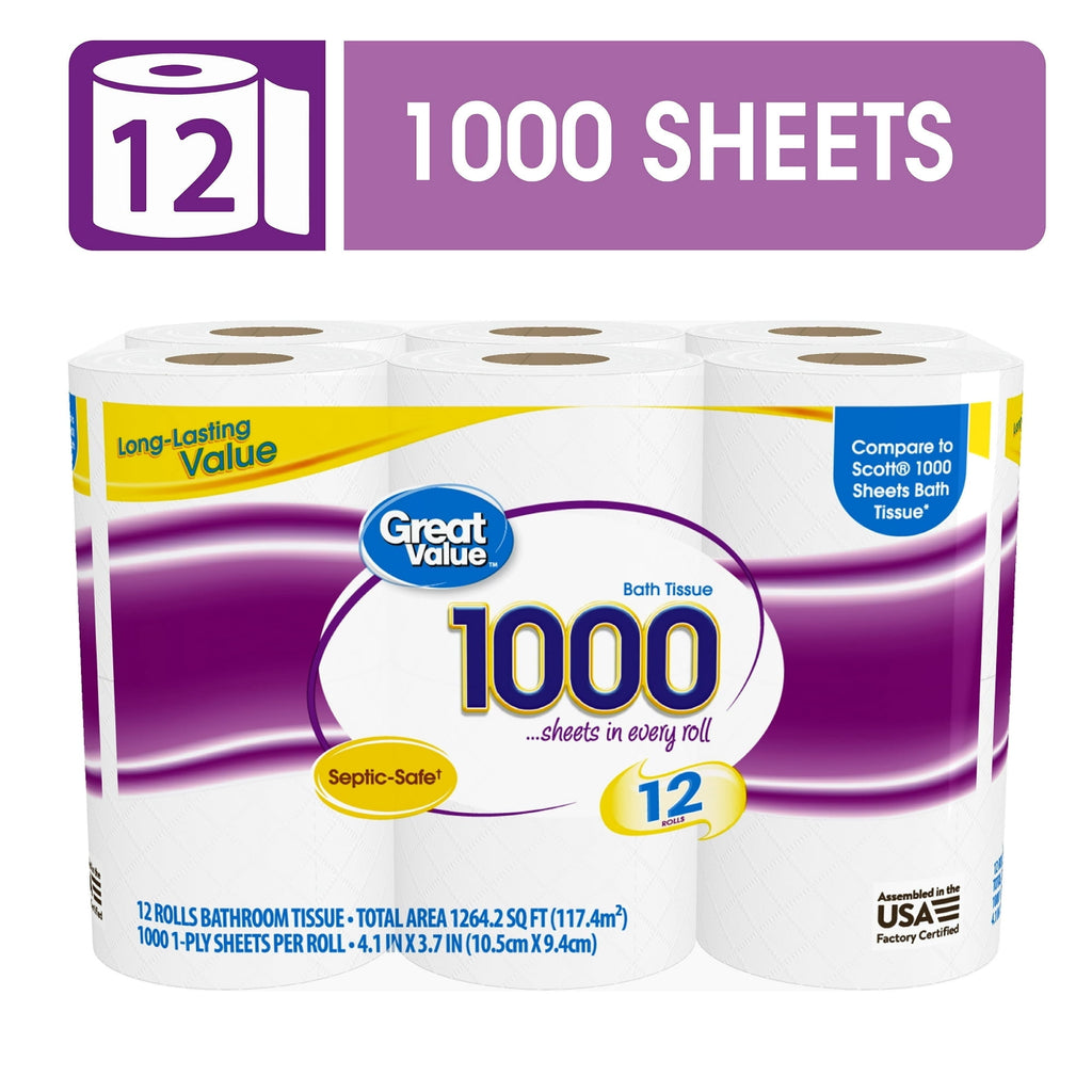 1000 Sheets per Roll Toilet Paper - 12 Rolls, Compare to Scott® 1000 Sheets Bath Tissue