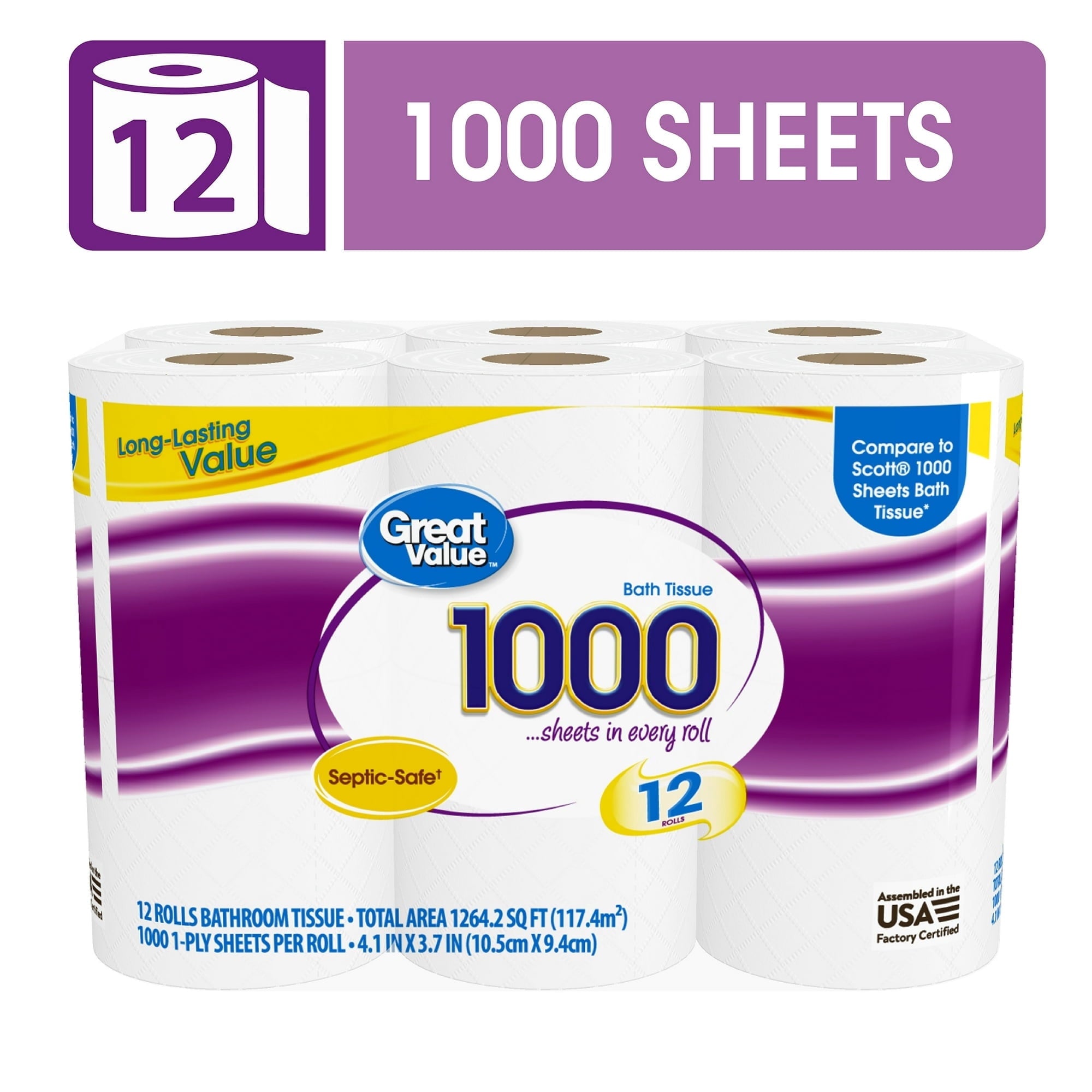 1000 Sheets per Roll Toilet Paper - 12 Rolls, Compare to Scott® 1000 Sheets Bath Tissue
