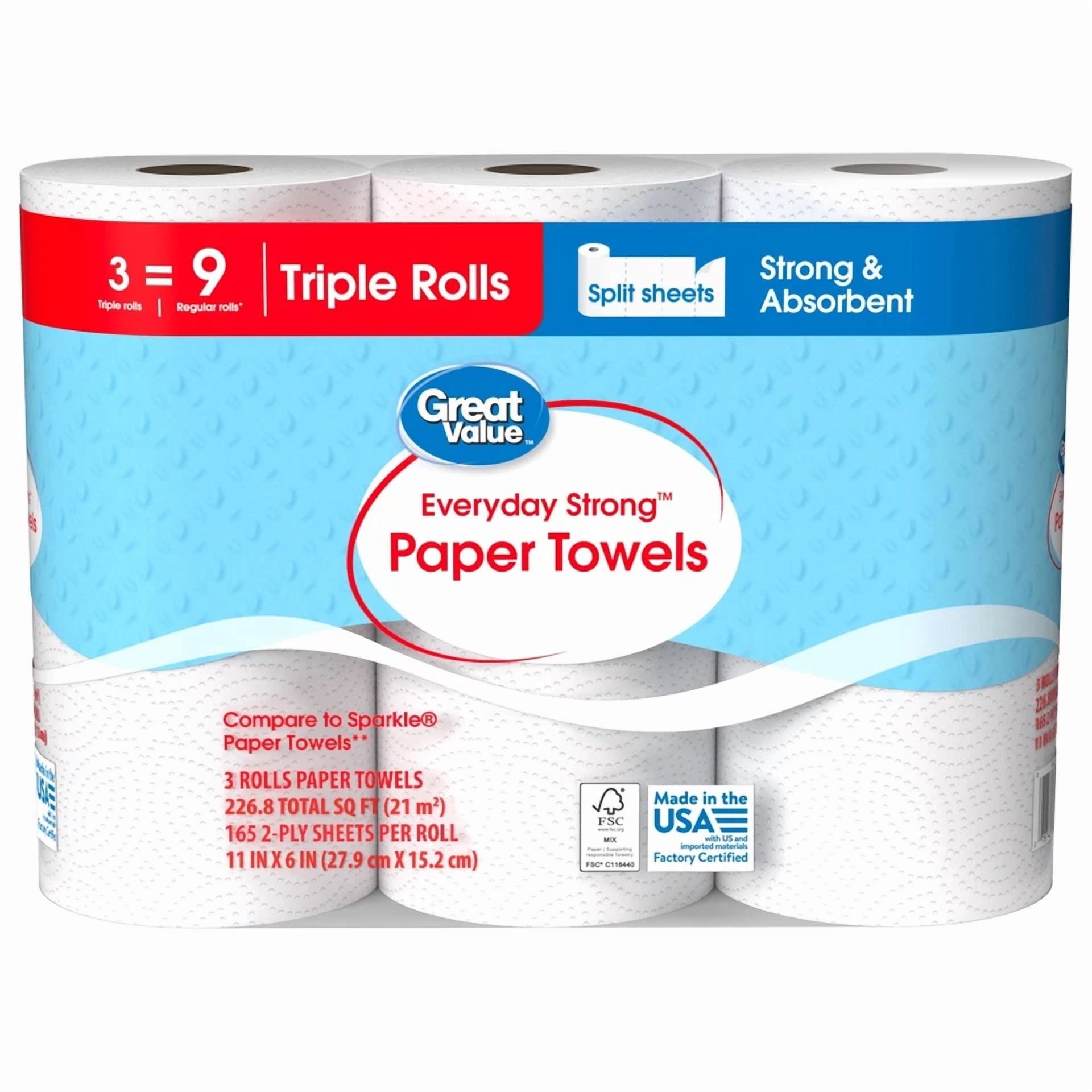 Everyday Strong Paper Towels - Split Sheets, 3 Triple Rolls, Compare To Sparkle