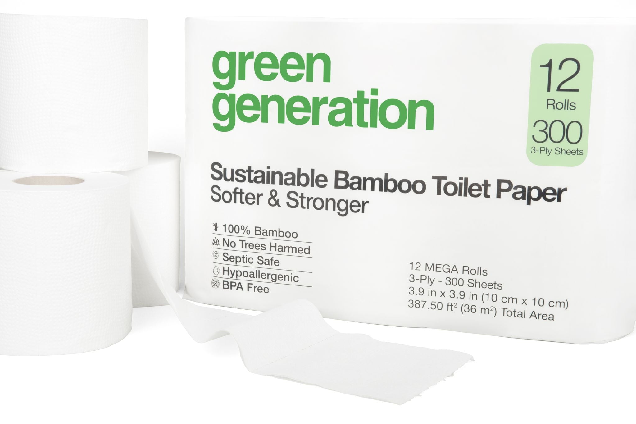 Green Generation Bamboo Toilet Paper - 12 Mega Rolls, 3-Ply, 300 Sheets per Roll