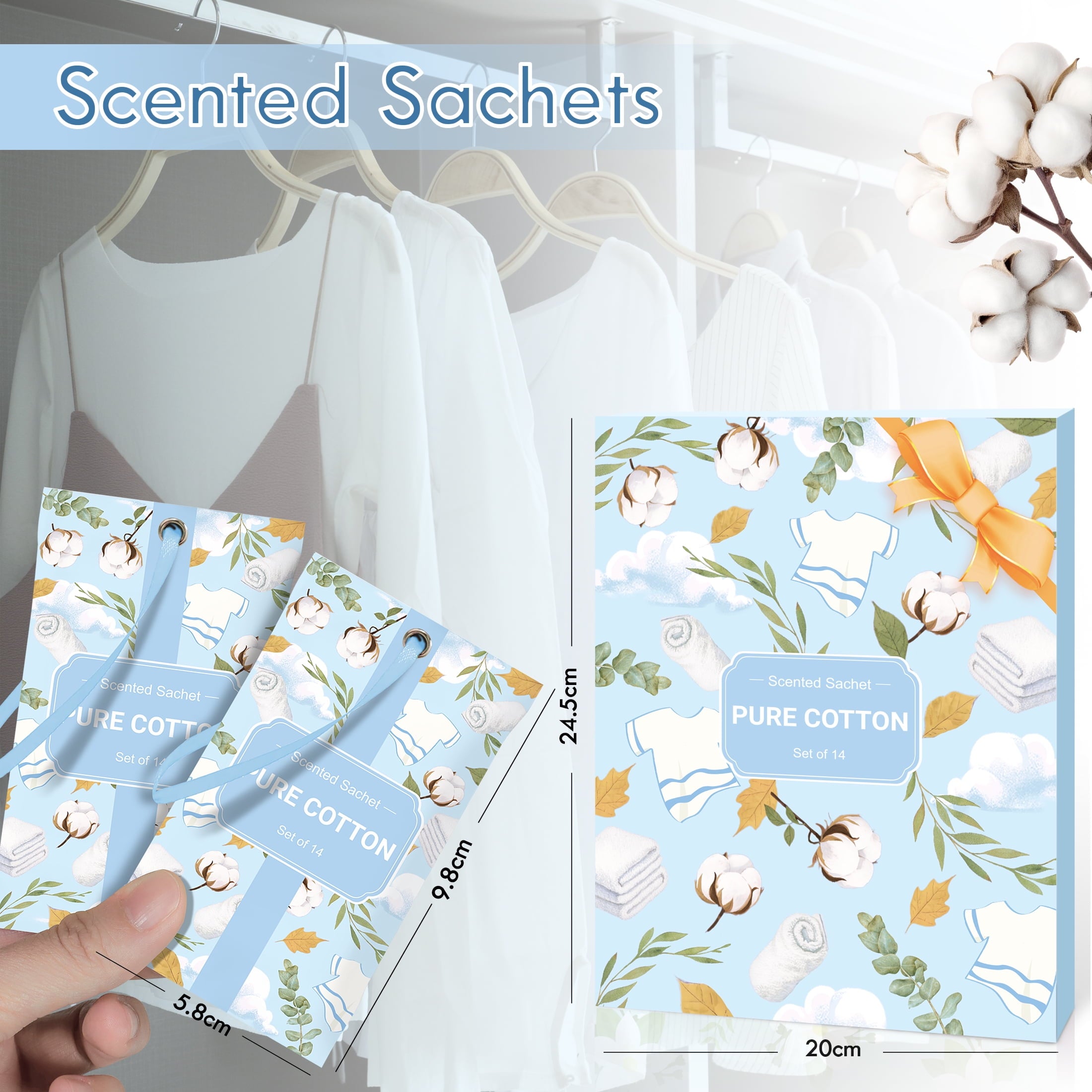 SCENTORINI Pure Cotton Scented Sachet - 14 Packs Air Freshener Odor Eliminator Bags, Long Lasting Home Fragrance for Drawers, Wardrobes and Closets