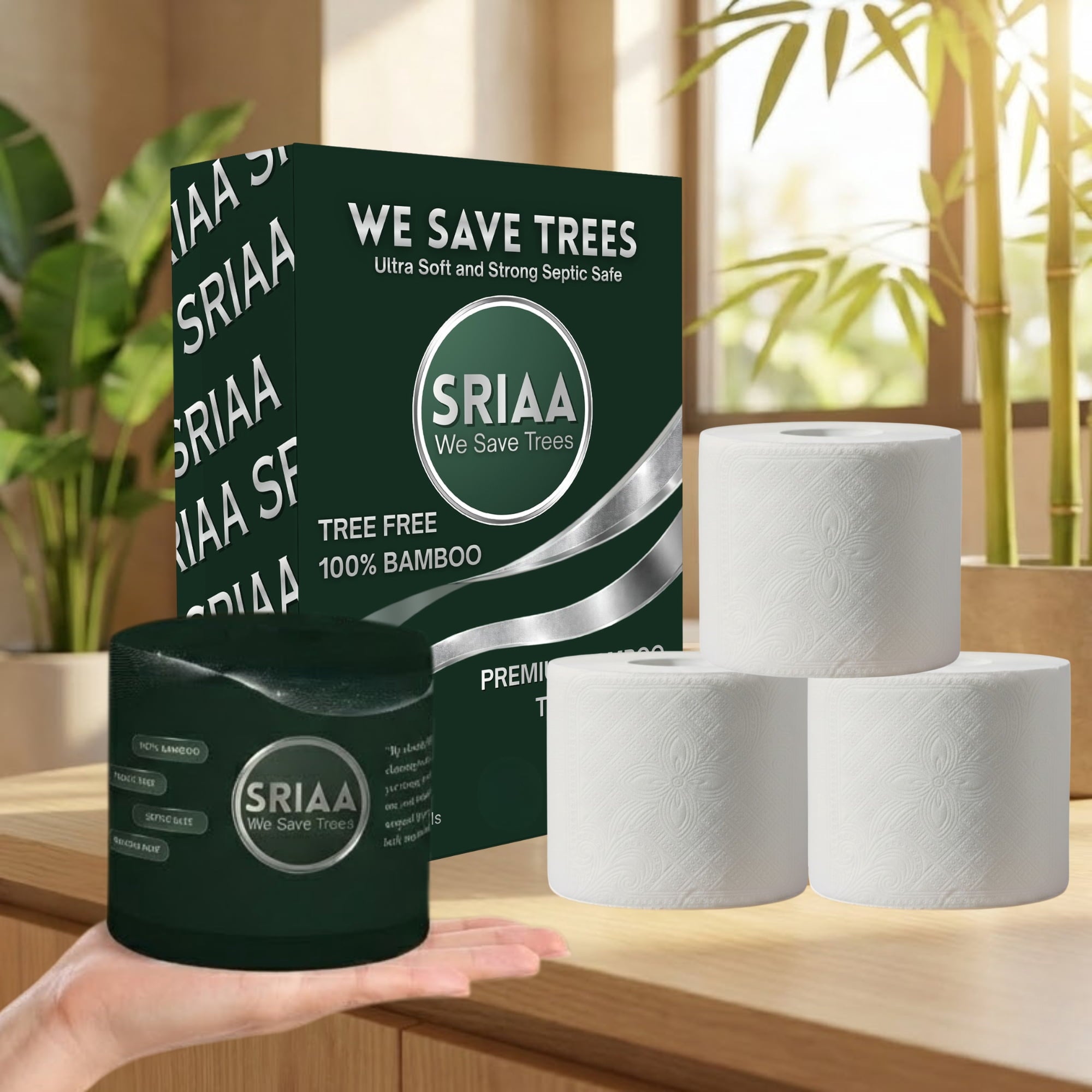 SRIAA Premium Organic 100% Bamboo Tree-Free Toilet Paper - 12 Mega Rolls, 3-Ply, 300 Sheets per Roll, Septic Safe, Plastic Free, FSC Certified