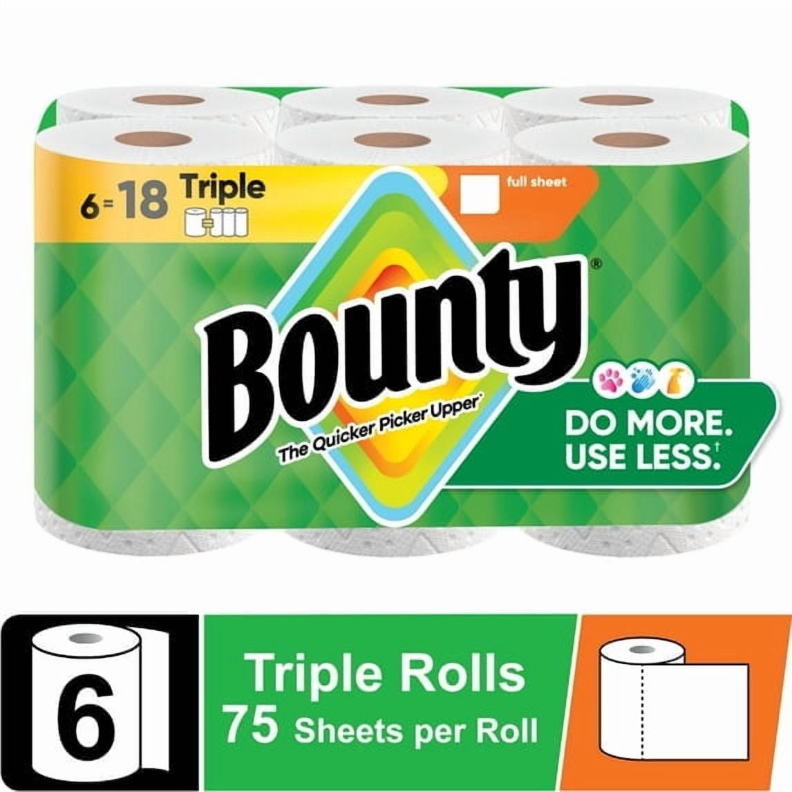 2 Pack Bounty Paper Towels Full Sheet White - 6 Triple Rolls, 75 Sheets per Roll