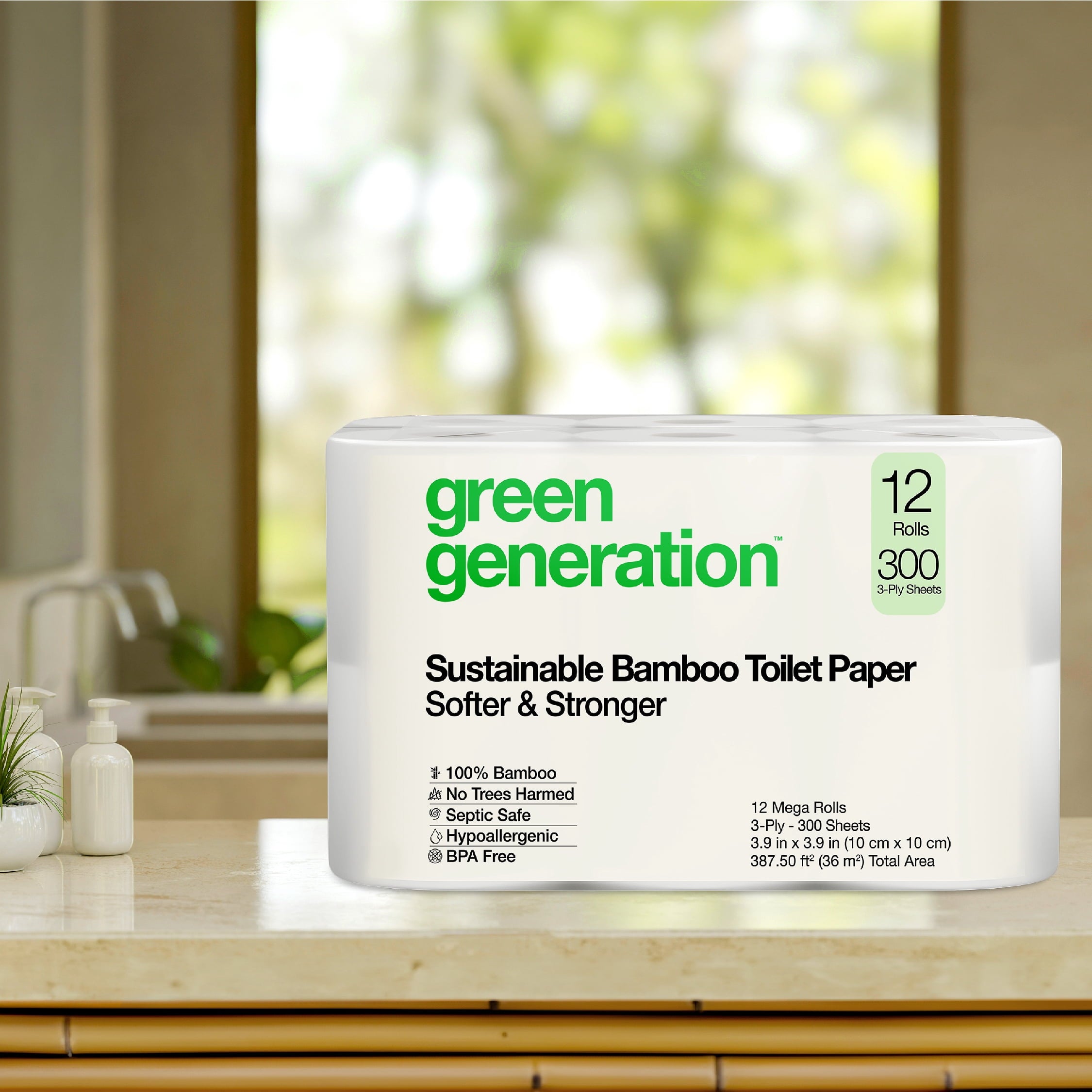 Green Generation Bamboo Toilet Paper - 12 Mega Rolls, 3-Ply, 300 Sheets per Roll