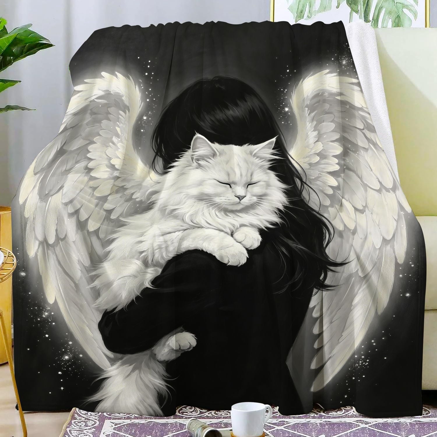 Cozy Plush Angel Woman Holding White Cat Throw Blanket for Bedding Travelling Sleeping Cats Blankets Gifts for Decor Birthday Gifts 50×40 Inch