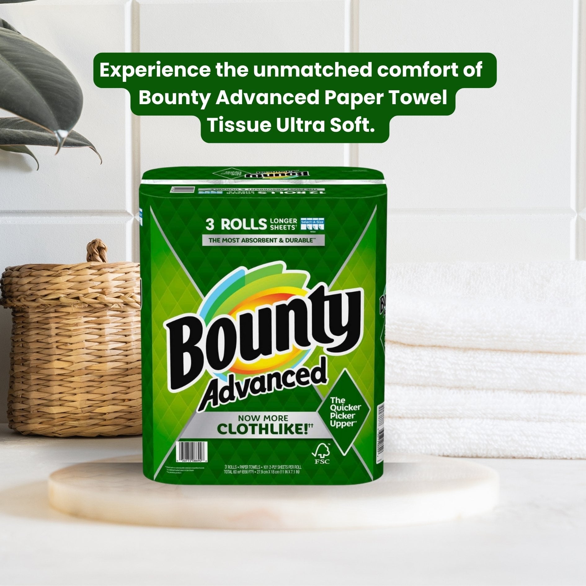 Bounty Advanced 2-Ply Paper Towel - Absorbent - Durable, and Clothlike - Select-A-Size - 3 Rolls