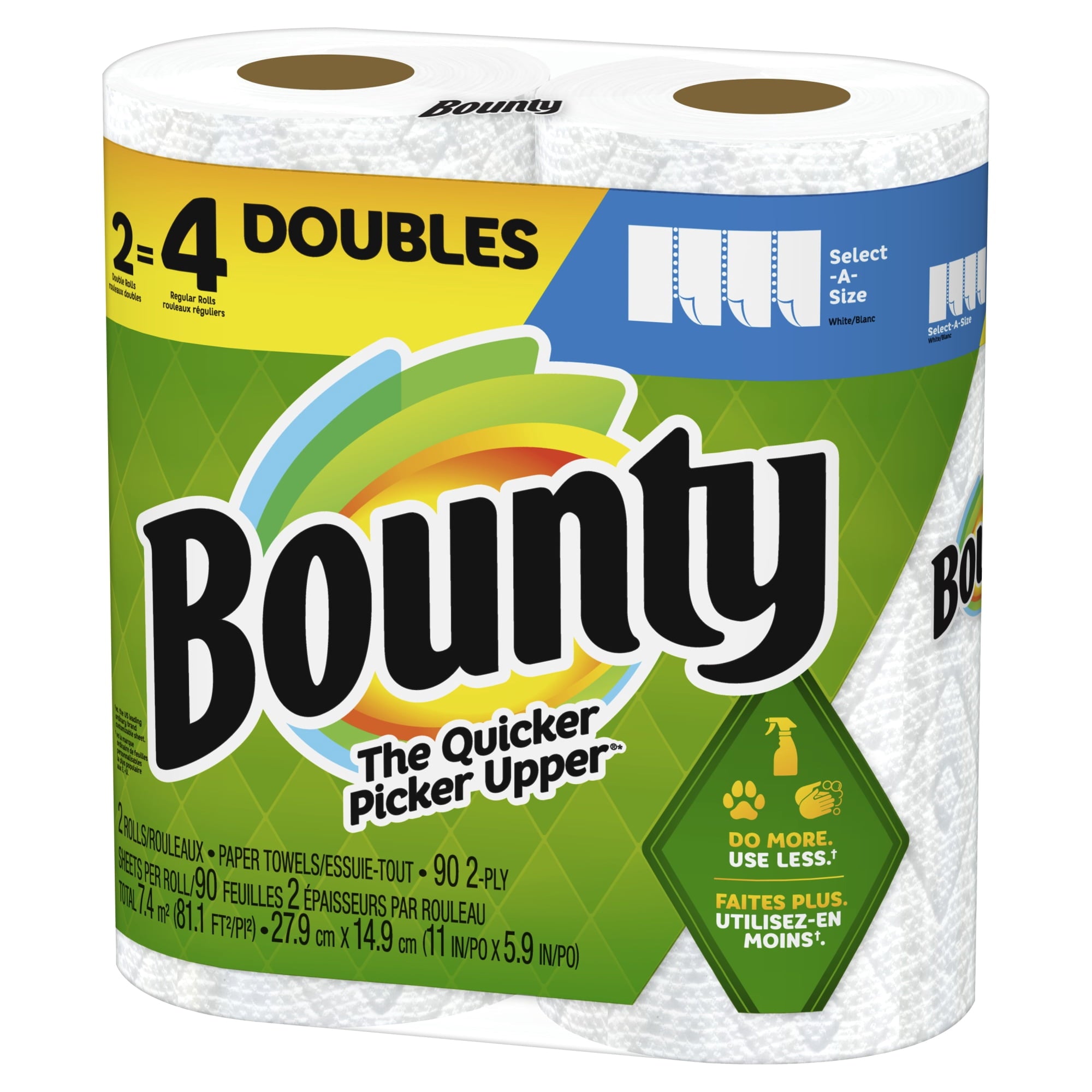 Bounty Select-A-Size 2-Ply Paper Towels - Double Roll, 11" x 6", White, 90 Sheets Per Roll, Pack Of 2 Rolls