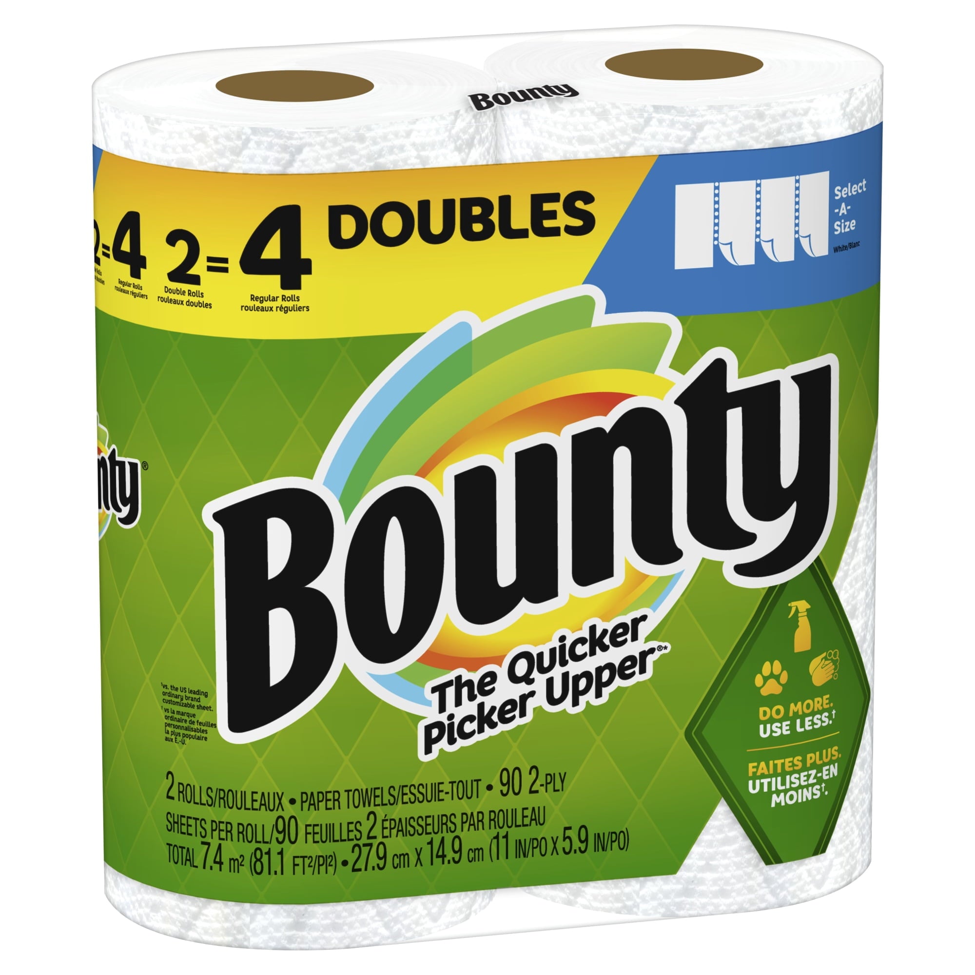 Bounty Select-A-Size 2-Ply Paper Towels - Double Roll, 11" x 6", White, 90 Sheets Per Roll, Pack Of 2 Rolls