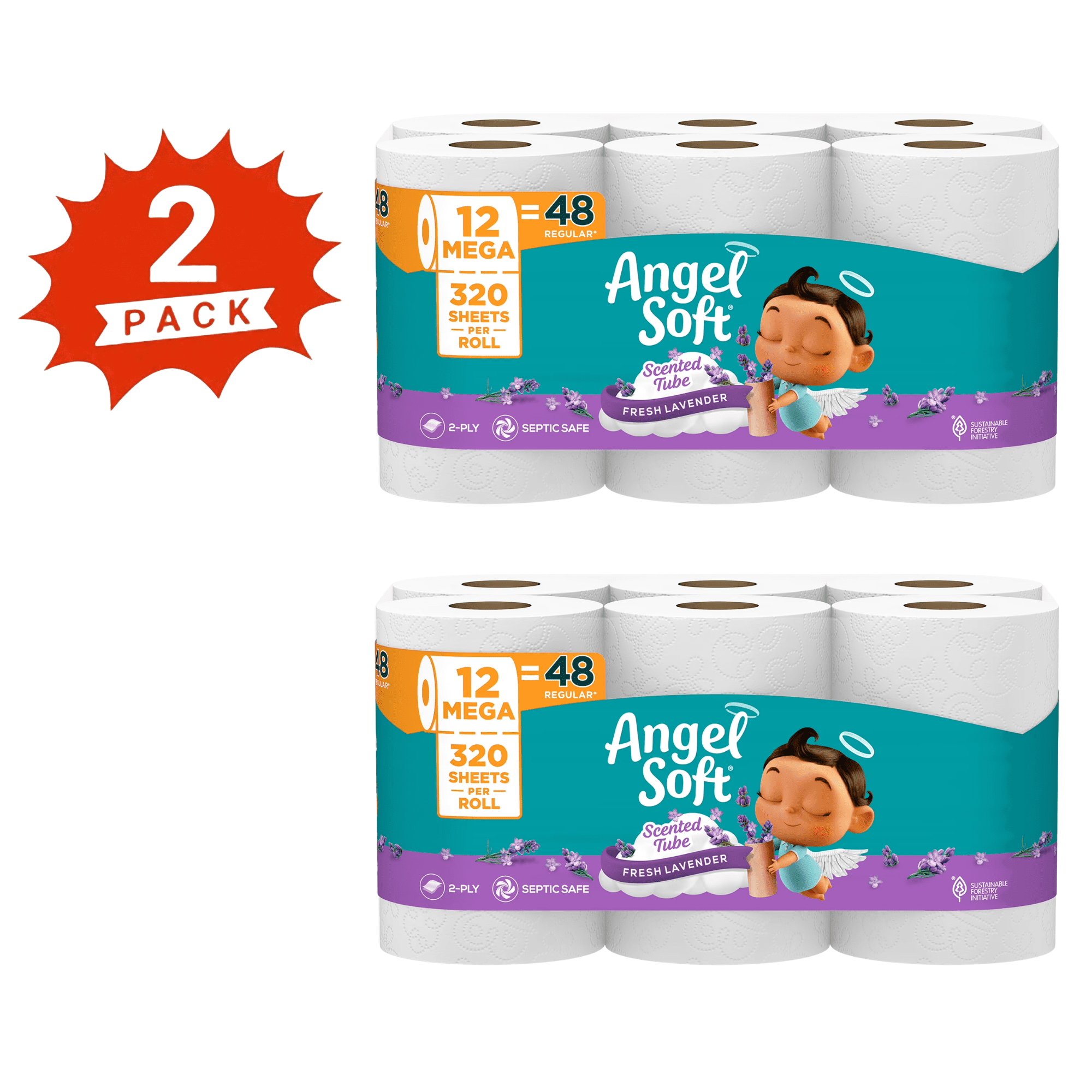 Angel Soft Toilet Paper - 24 Mega Rolls, 2-Ply Bath Tissue with Fresh Lavender Scented Tube, 640 Sheets per Roll (2-Pack)