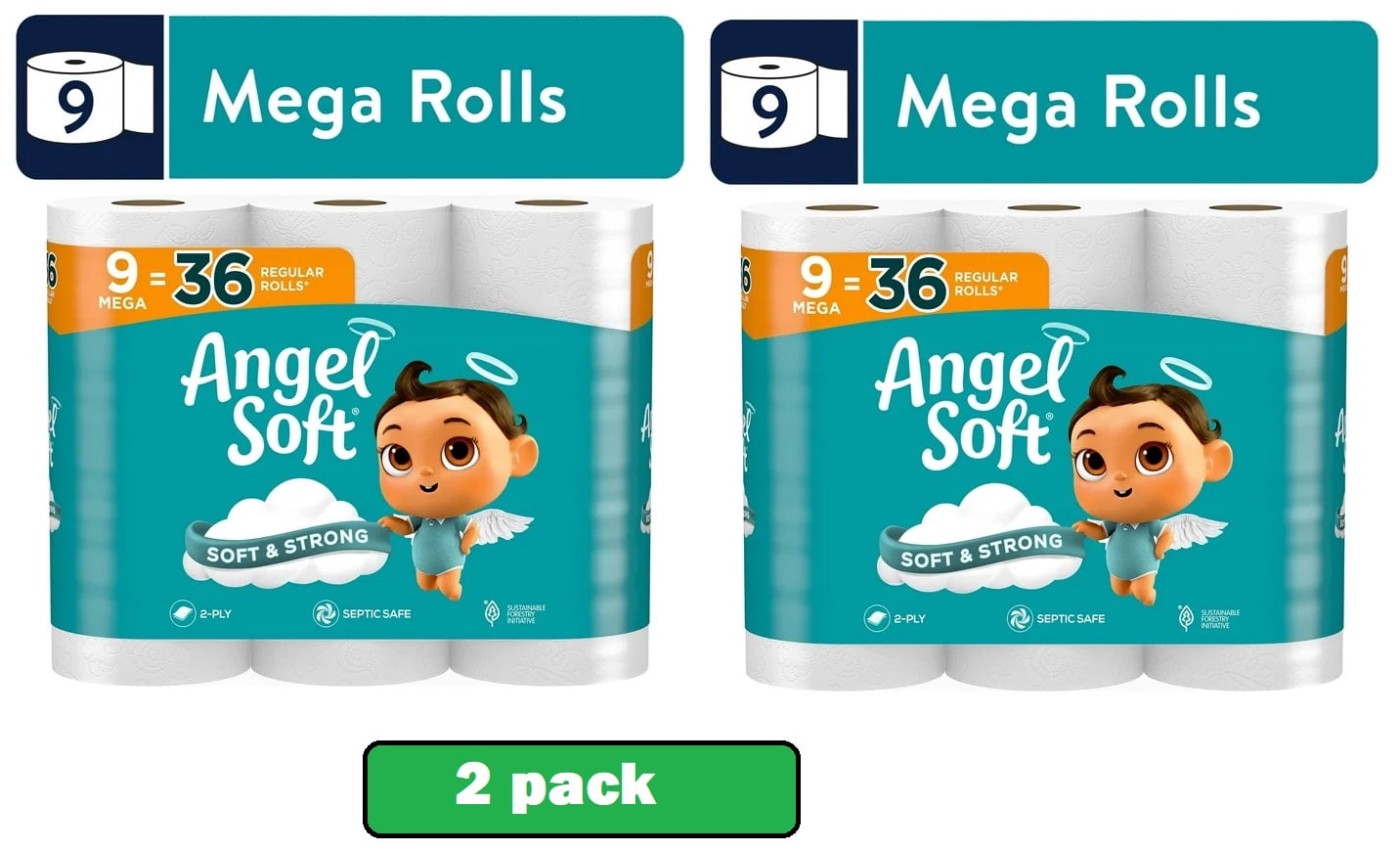 2 pack Angel Soft Household Embossed 2-Ply Pulp Septic Safe Toilet Paper Unscented 9 Count Rolls