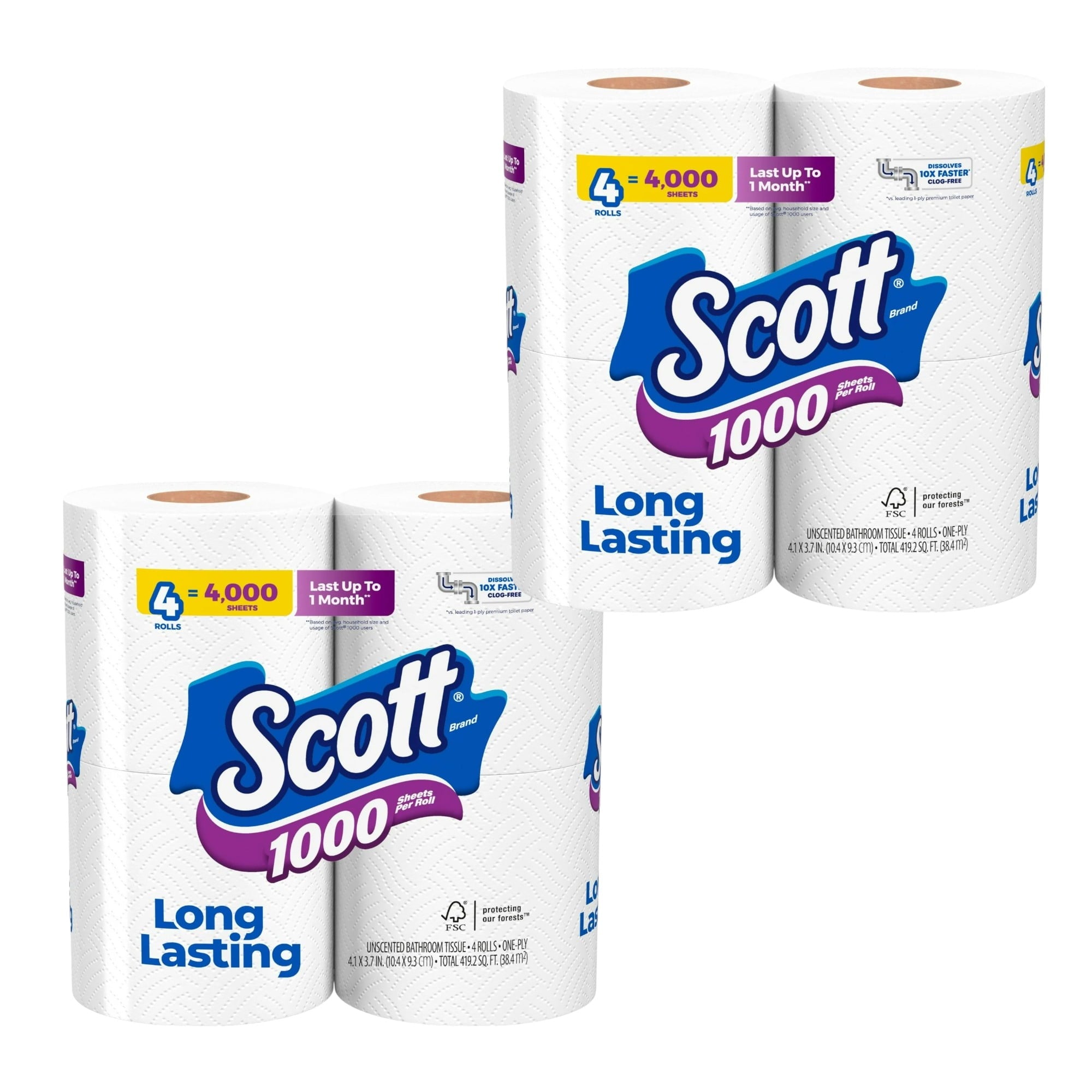 Scott 1000 Toilet Paper - 4 Rolls, 1, 000 Sheets per Roll - 2-Pack