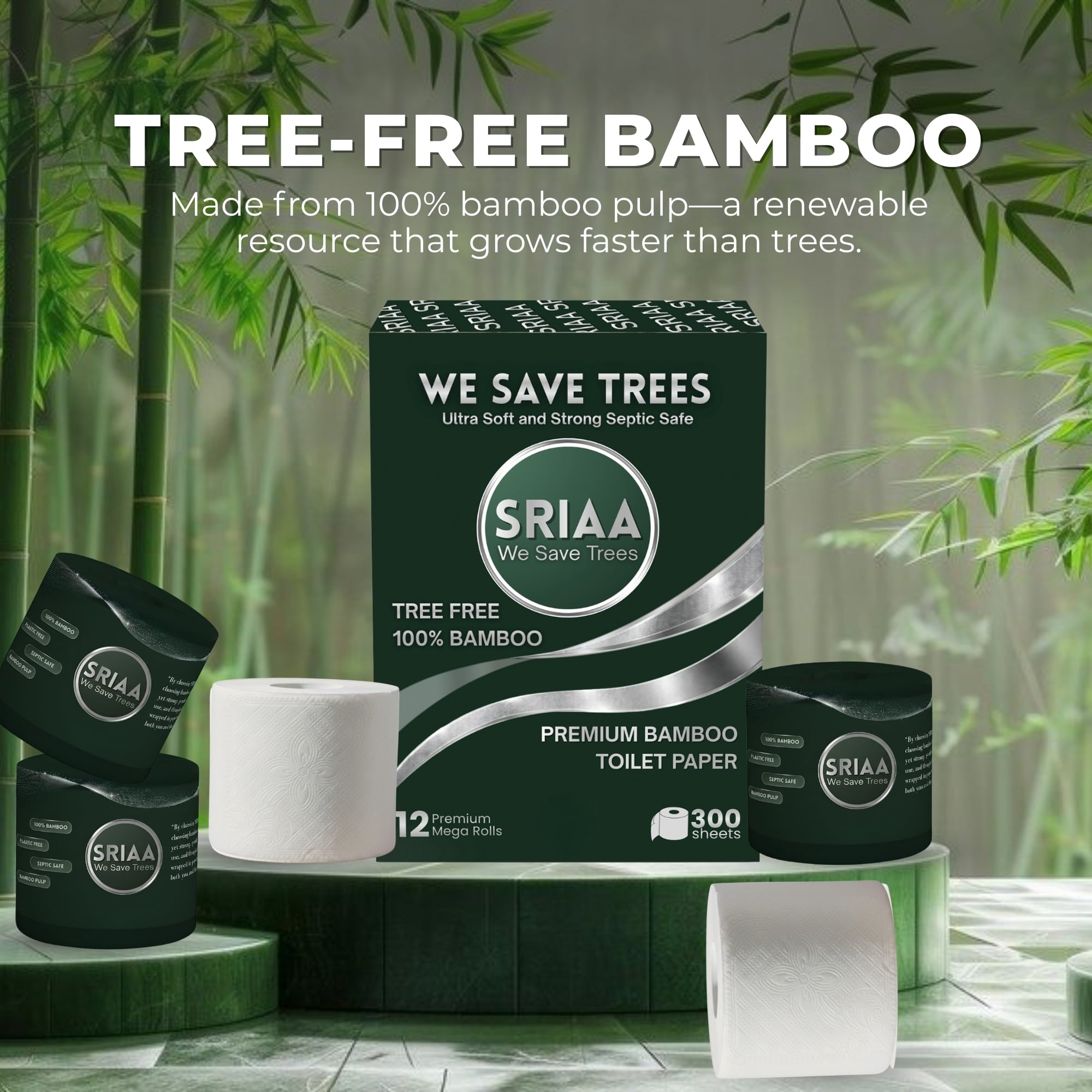 SRIAA Premium Organic 100% Bamboo Tree-Free Toilet Paper - 12 Mega Rolls, 3-Ply, 300 Sheets per Roll, Septic Safe, Plastic Free, FSC Certified