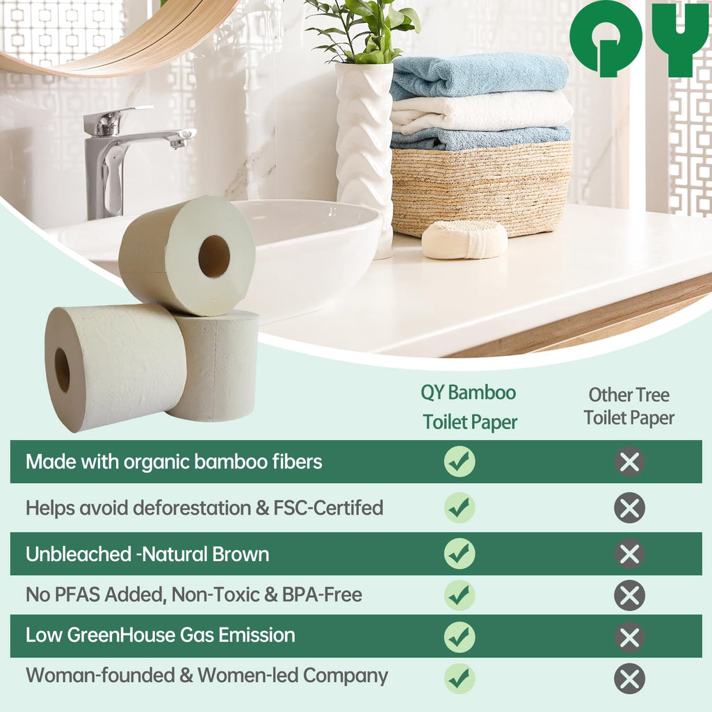 QingYa Premium Bamboo Toilet Paper - 3 Ply Toilets Paper, Unbleached and Absorbent, Bathroom Tissue Rolls, 12 Mega Rolls, 300 Sheets per Roll