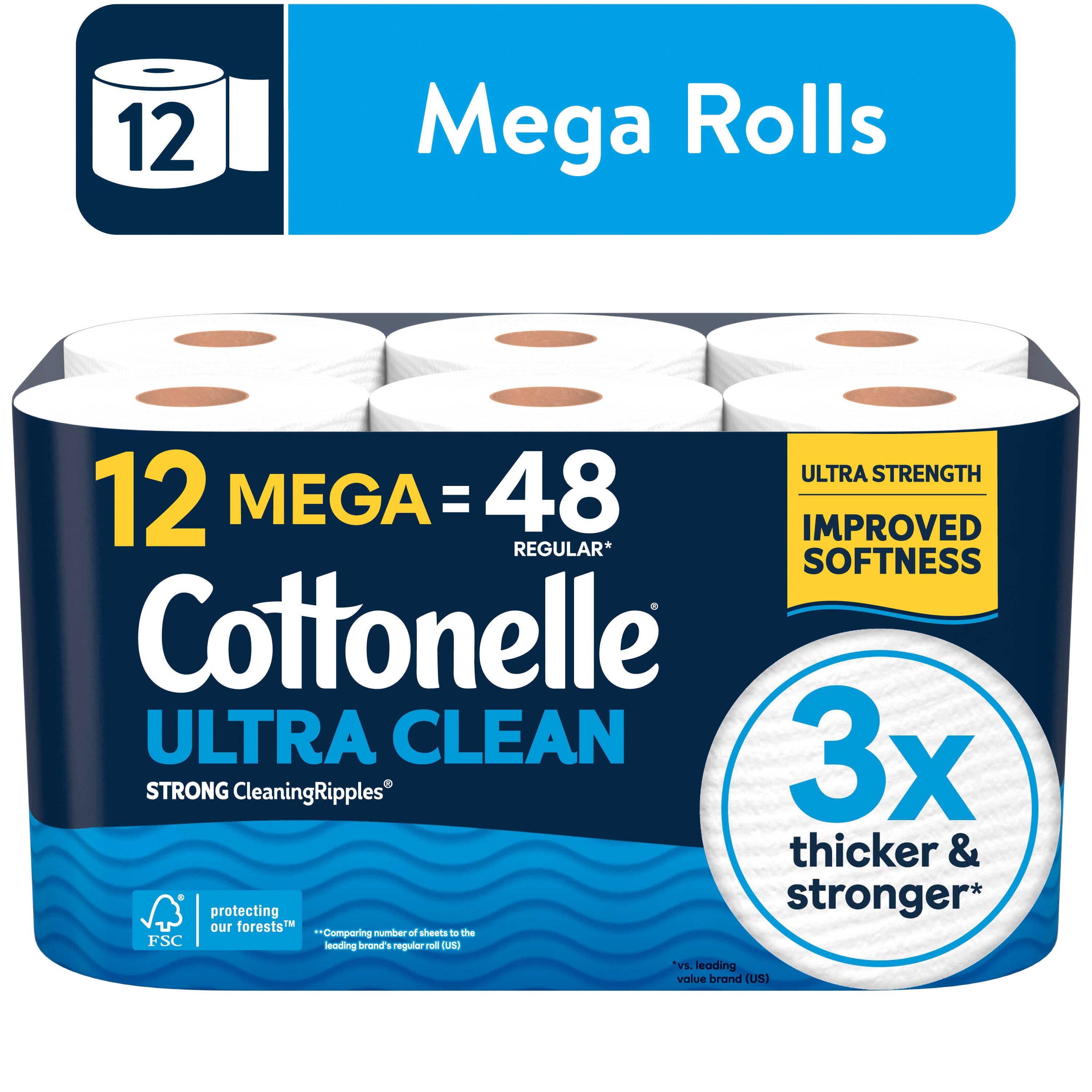 Cottonelle Ultra Clean Toilet Paper - Strong Toilet Tissue, 12 Mega Rolls - 4-Pack