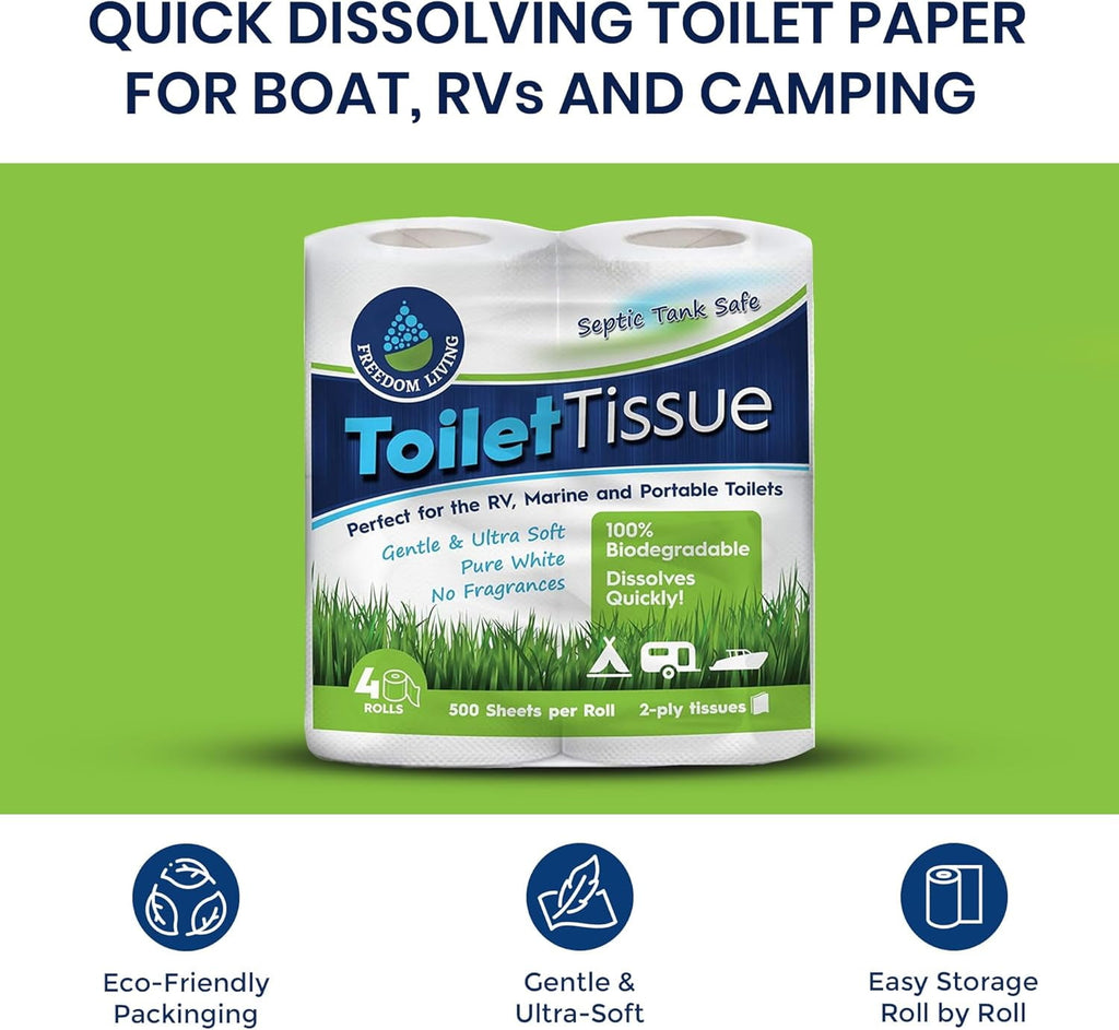Freedom Living Septic-Safe RV Toilet Tissue - 4 Rolls, 2-Ply, 500 Sheets per Roll