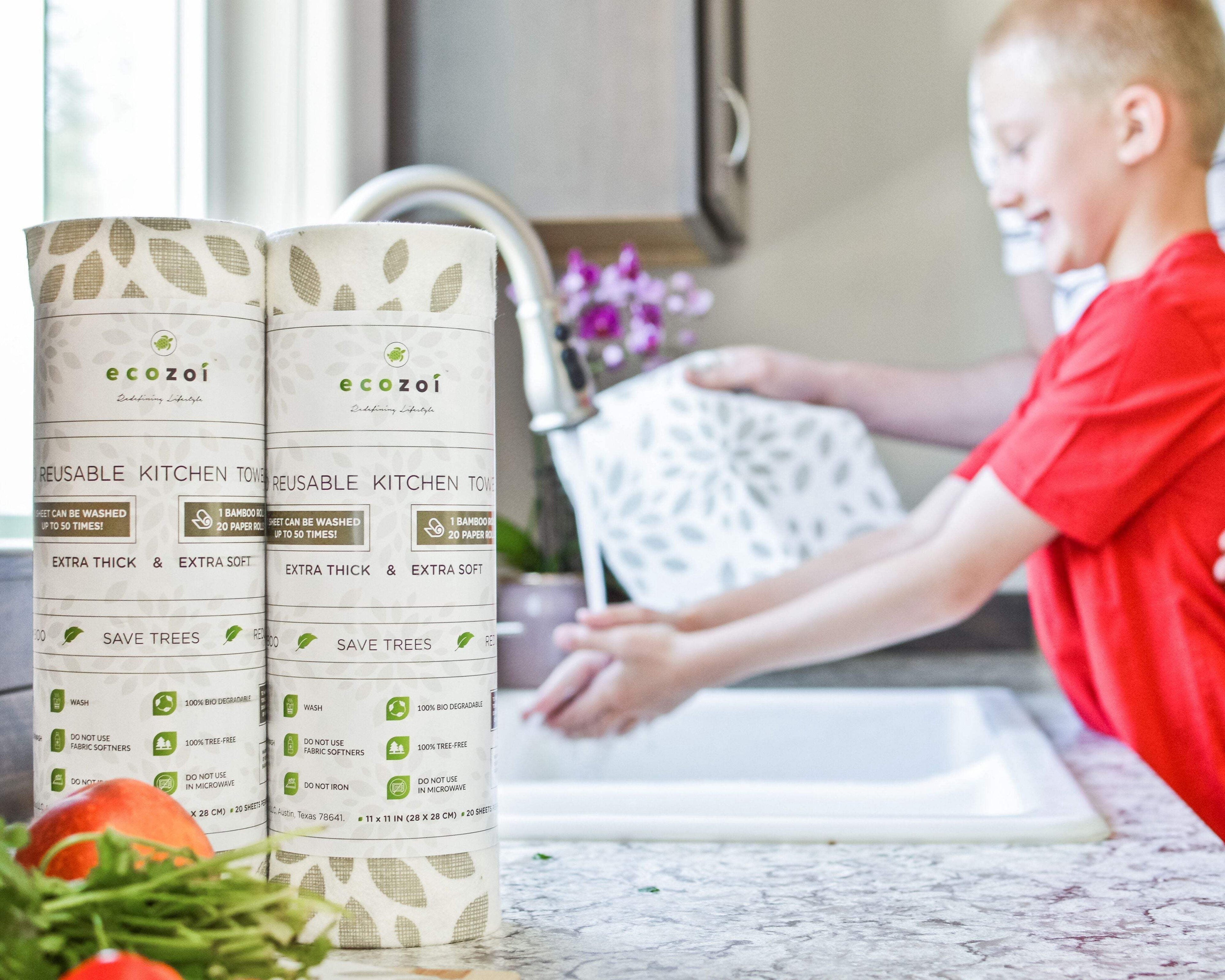 Ecozoi Bamboo Rayon Reusable Paper Towels 4 Pack - 70% Bamboo Rayon 30% Cotton, Equivalent to 80 Regular Rolls, Printed Design