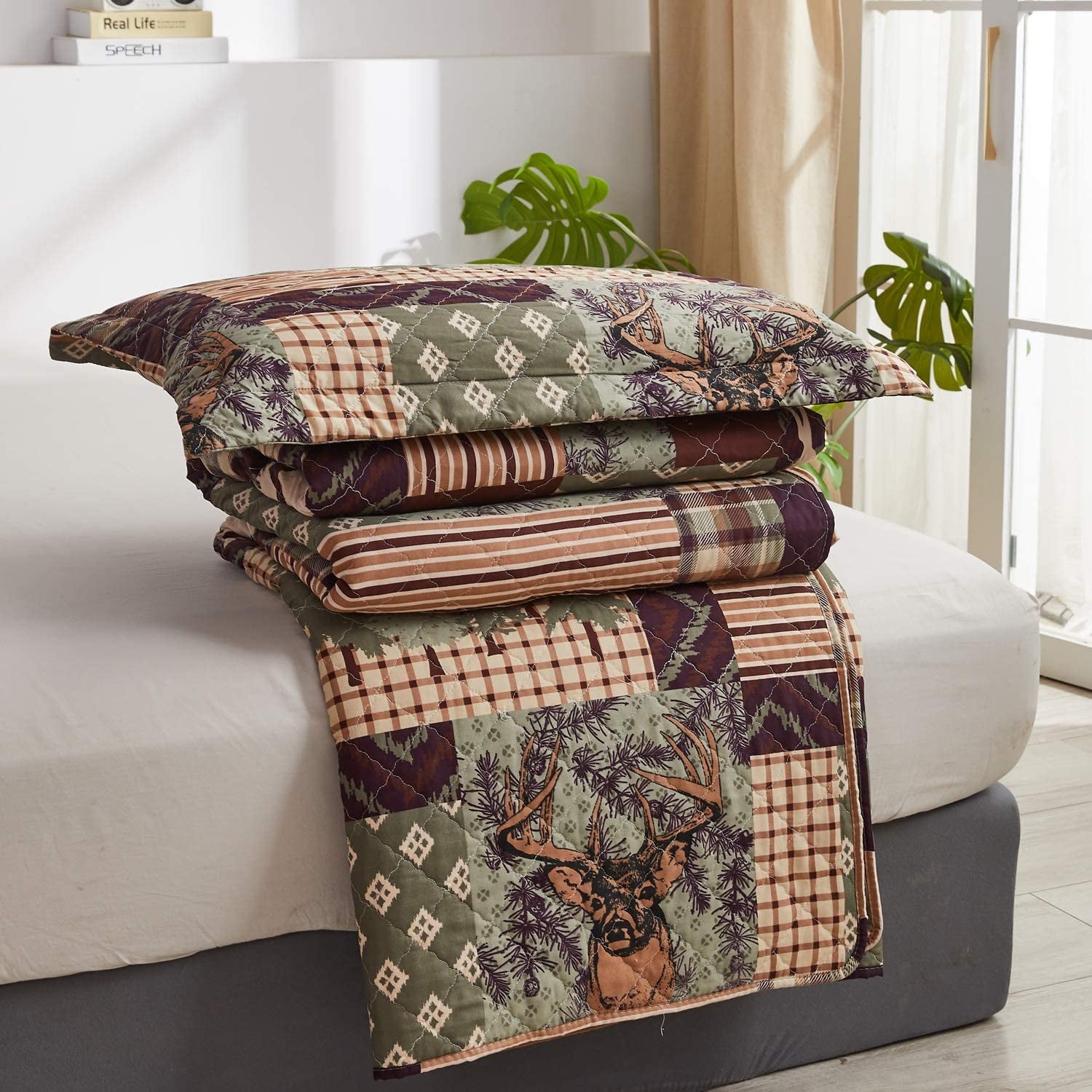 Jessy Home Rustic Lodge Bedding Twin Moose Quilt Plaid Patchwork Bear Poly Fill Quilt Bedspread Coverlet