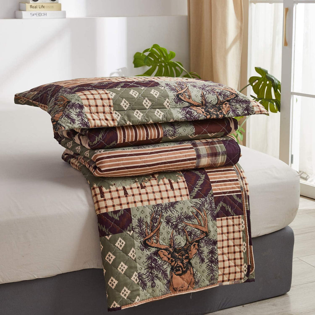 Jessy Home Rustic Lodge Bedding King Moose Quilt Plaid Patchwork Bear Poly Fill Quilt Bedspread Coverlet
