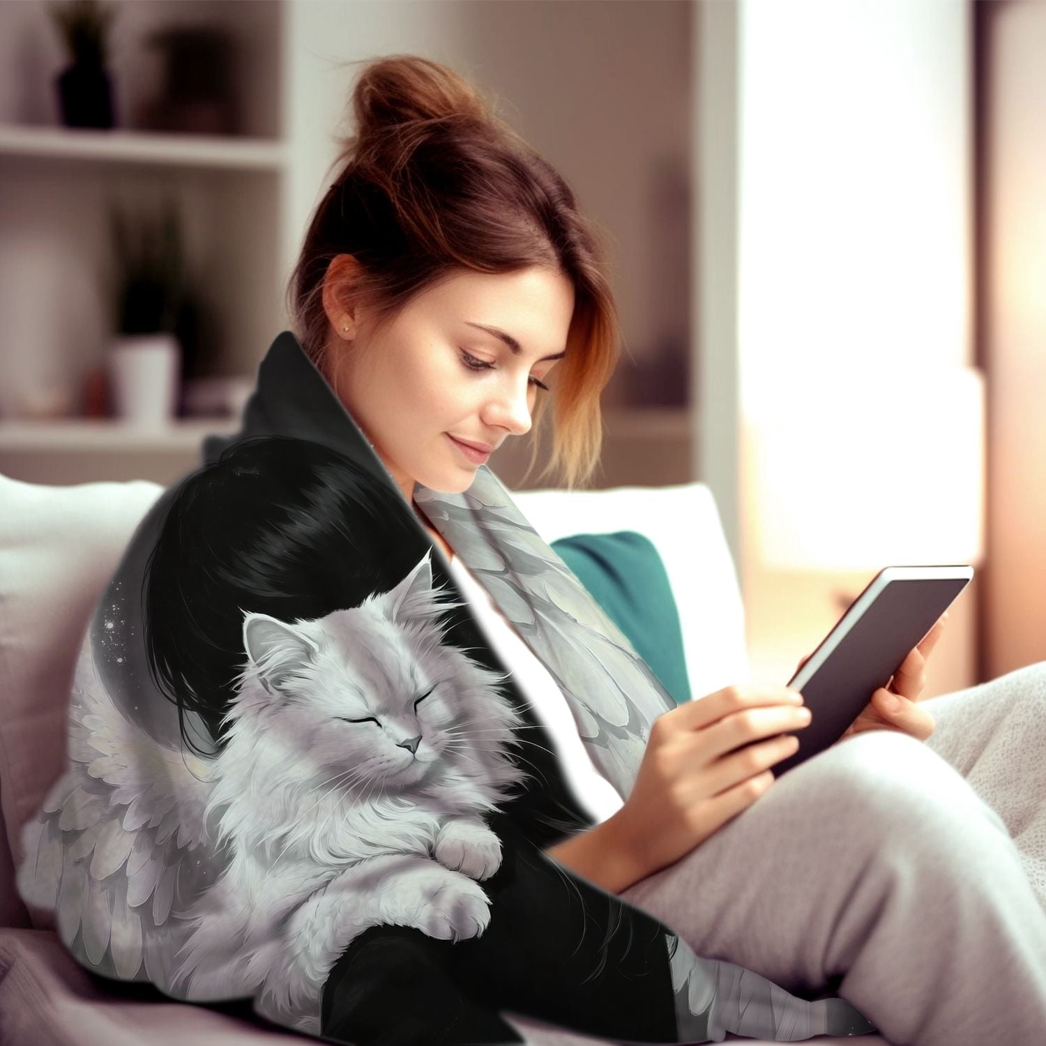 Cozy Plush Angel Woman Holding White Cat Throw Blanket for Bedding Travelling Sleeping Cats Blankets Gifts for Decor Birthday Gifts 50×40 Inch