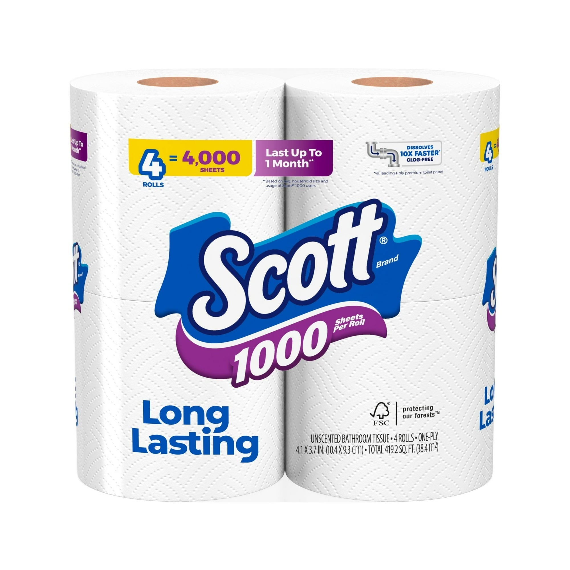 Scott 1000 Toilet Paper - 4 Rolls, 1, 000 Sheets per Roll - 2-Pack