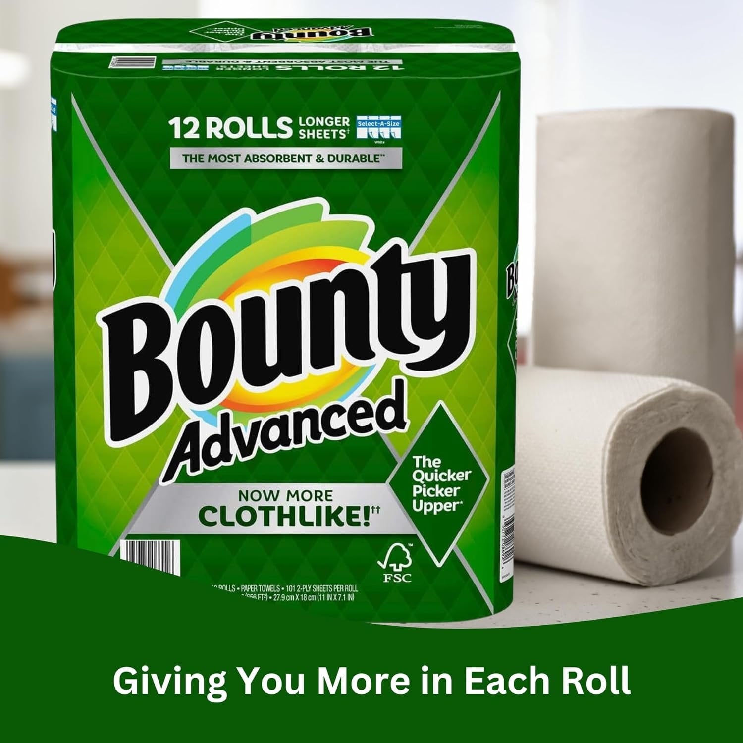 Bounty Advanced 2-Ply Paper Towel 12 Rolls - Absorbent - Durable, Longer Sheets - Select-A-Size