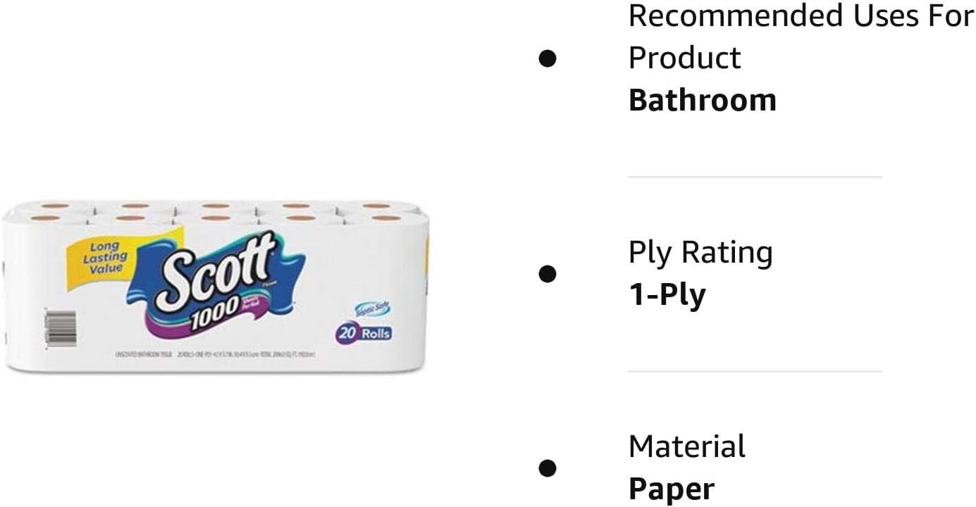 Scott 20032 1000 Bathroom Tissue - 1-Ply, White, 1000 Sheet/Roll, 20/Pack