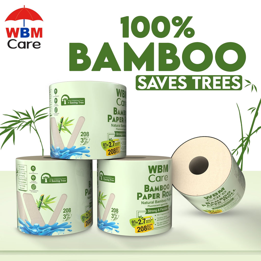 WBM Care Natural Bamboo Toilet Paper - 3-Ply, Unbleached, Tree-Free, 208 Sheets per Roll, 10 Rolls, Soft and Gentle Bath Tissue, Chemical-Free