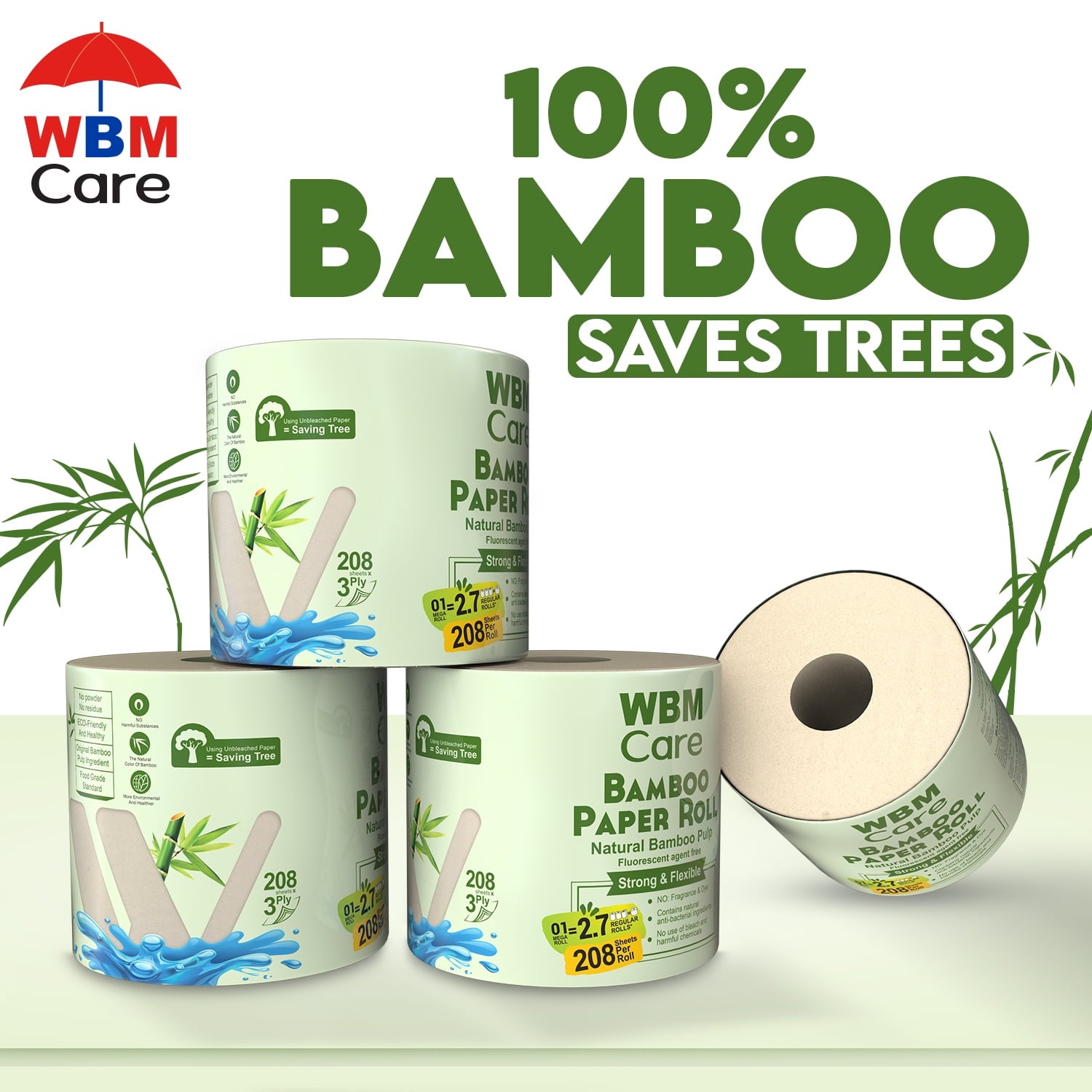 WBM Care Natural Bamboo Toilet Paper - 3-Ply, Unbleached, Tree-Free, 208 Sheets per Roll, 10 Rolls, Soft and Gentle Bath Tissue, Chemical-Free
