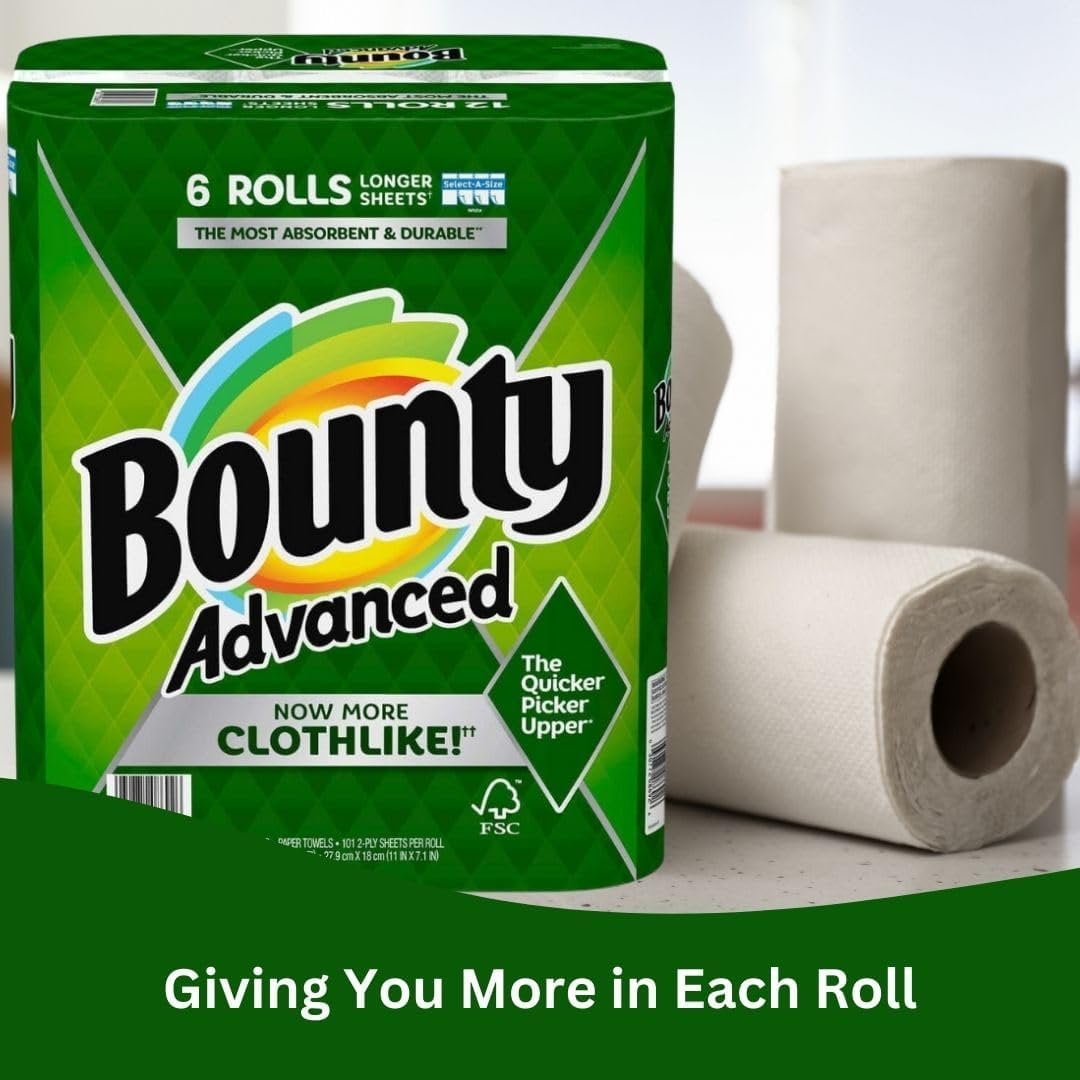 Bounty Advanced 2-Ply Paper Towel - Absorbent - Durable - Select-A-Size - Clothlike - 6 Rolls