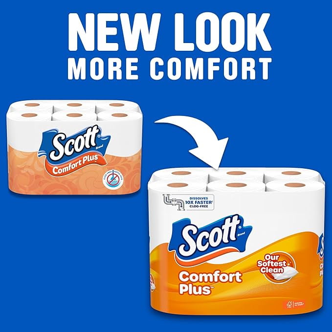 Scott ComfortPlus Toilet Paper - 12 Mega Rolls, 425 Sheets per Roll, Septic-Safe, 1-Ply Toilet Tissue