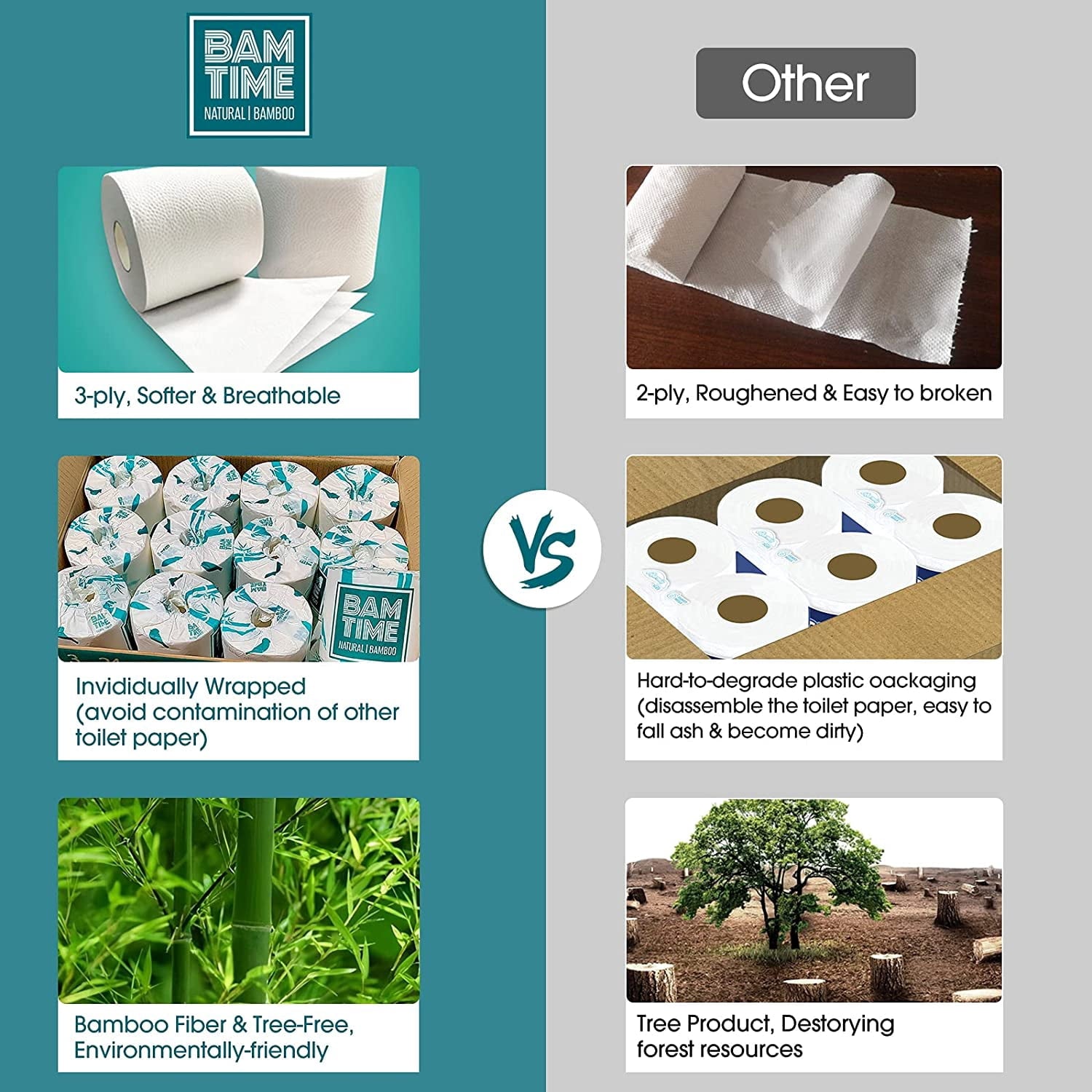 Tree-Free Bamboo Toilet Paper - 24 Rolls, 3-Ply, 300 Sheets per Roll