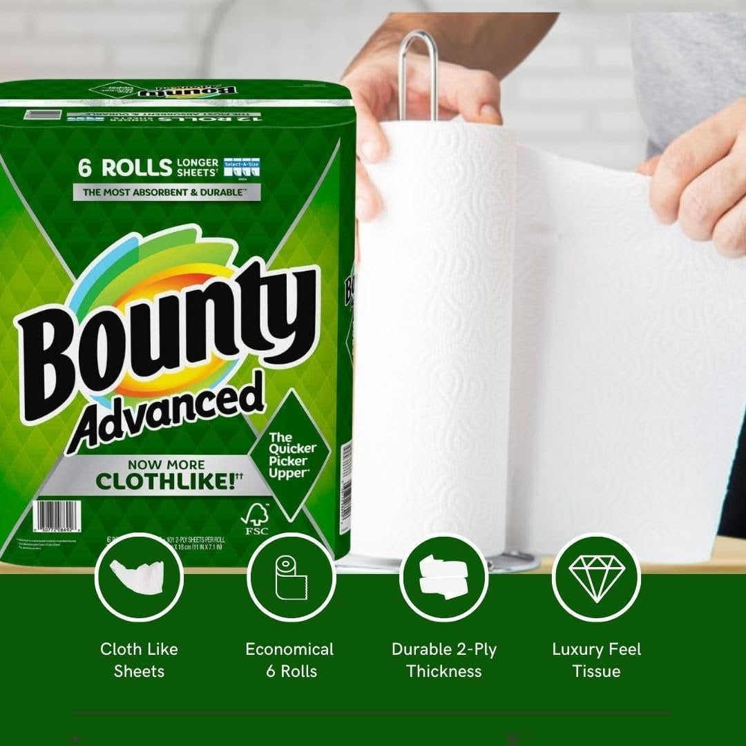 Bounty Advanced 2-Ply Paper Towel - Absorbent - Durable - Select-A-Size - Clothlike - 6 Rolls
