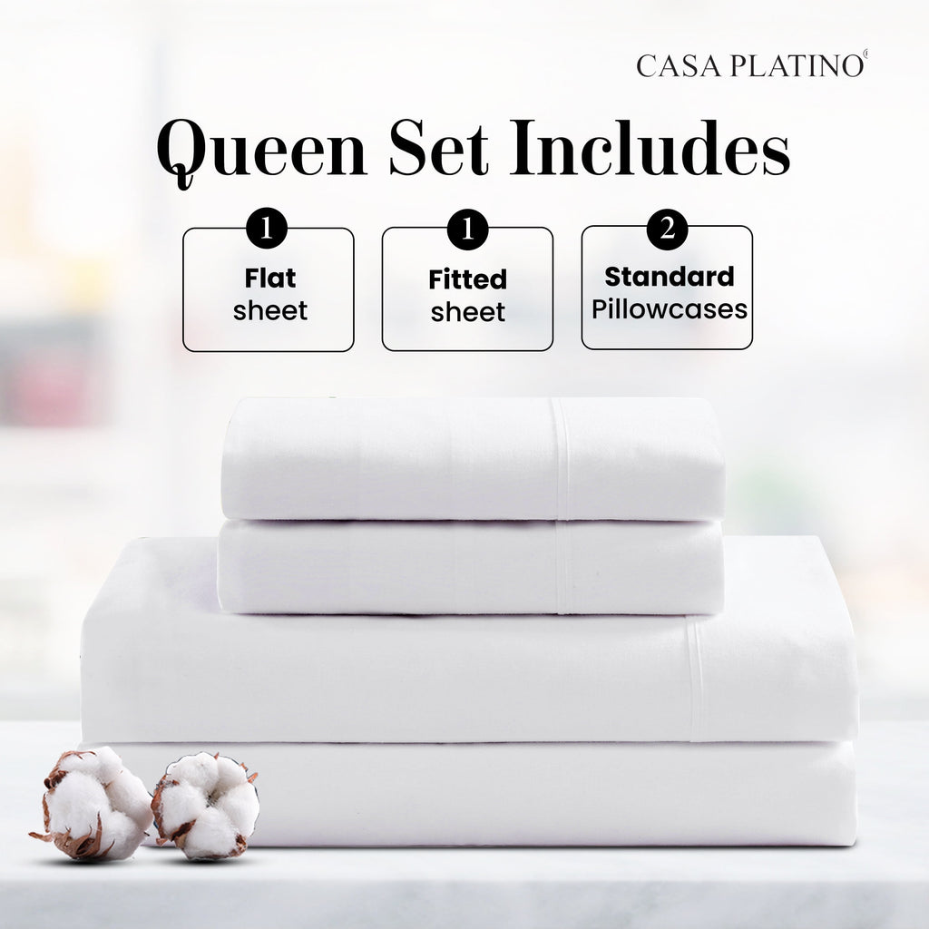 Casa Platino 100 Cotton Sheets Set - 4 Piece Long Staple Cotton Queen Sheets - Crisp & Cool Percale Weave, Every Day Comfort, 15" Deep Pocket Fitted, Machine Washable - White
