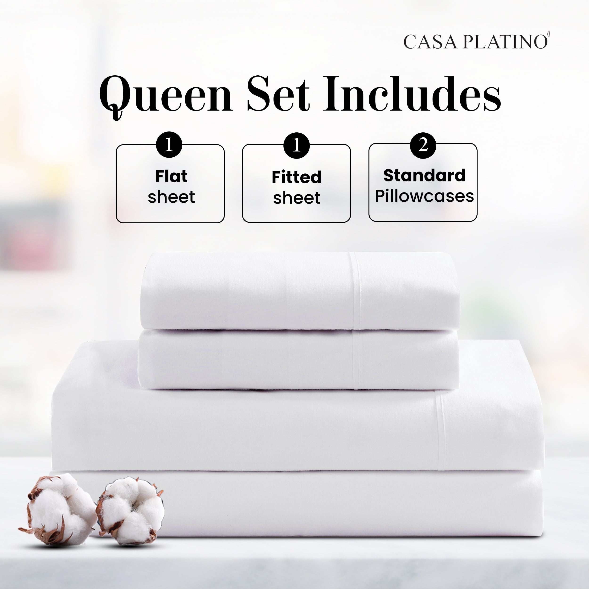 Casa Platino 100 Cotton Sheets Set - 4 Piece Long Staple Cotton Queen Sheets - Crisp & Cool Percale Weave, Every Day Comfort, 15" Deep Pocket Fitted, Machine Washable - White