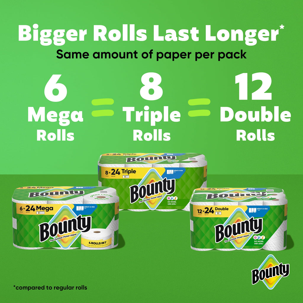 Bounty Paper Towels Select-A-Size White - 6 Mega Rolls, 164 Sheets per Roll