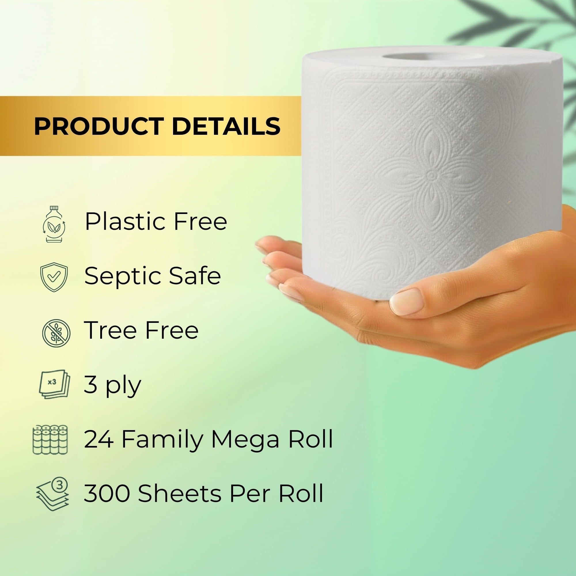 SRIAA Premium Organic 100% Bamboo Tree-Free Toilet Paper - 24 Mega Rolls, 3-Ply, 300 Sheets per Roll, Septic Safe, Plastic Free, FSC Certified