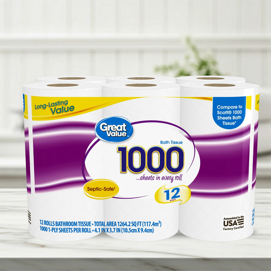 1000 Sheets per Roll Toilet Paper - 12 Rolls, Compare to Scott® 1000 Sheets Bath Tissue