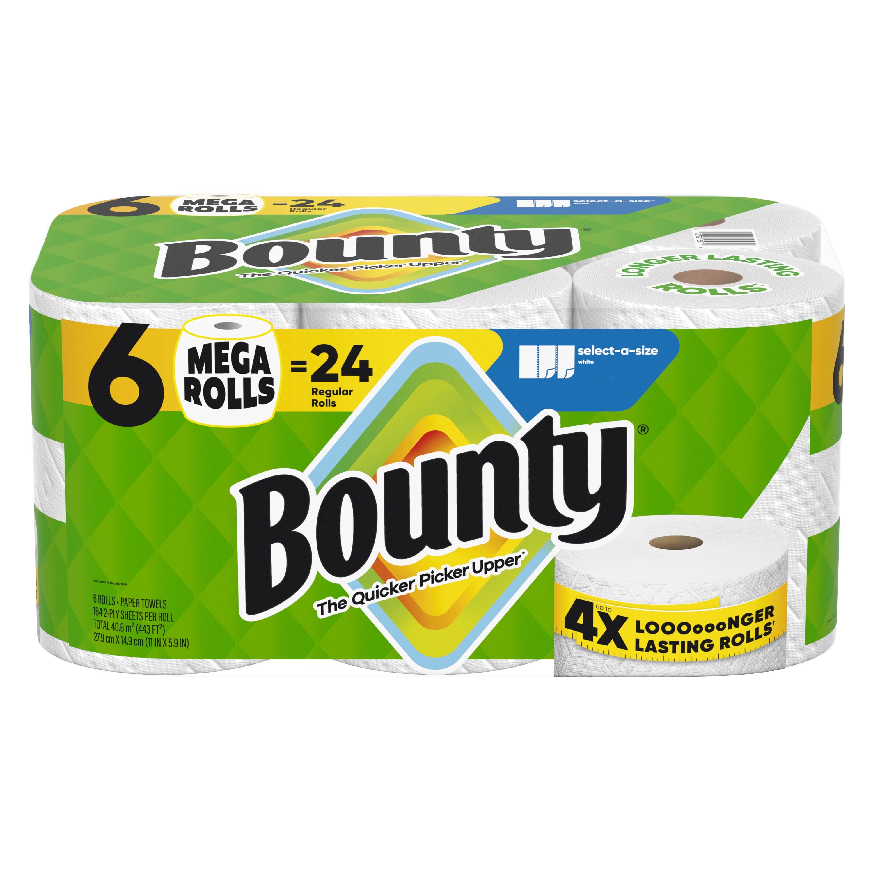 Bounty Paper Towels Select-A-Size White - 6 Mega Rolls, 164 Sheets per Roll