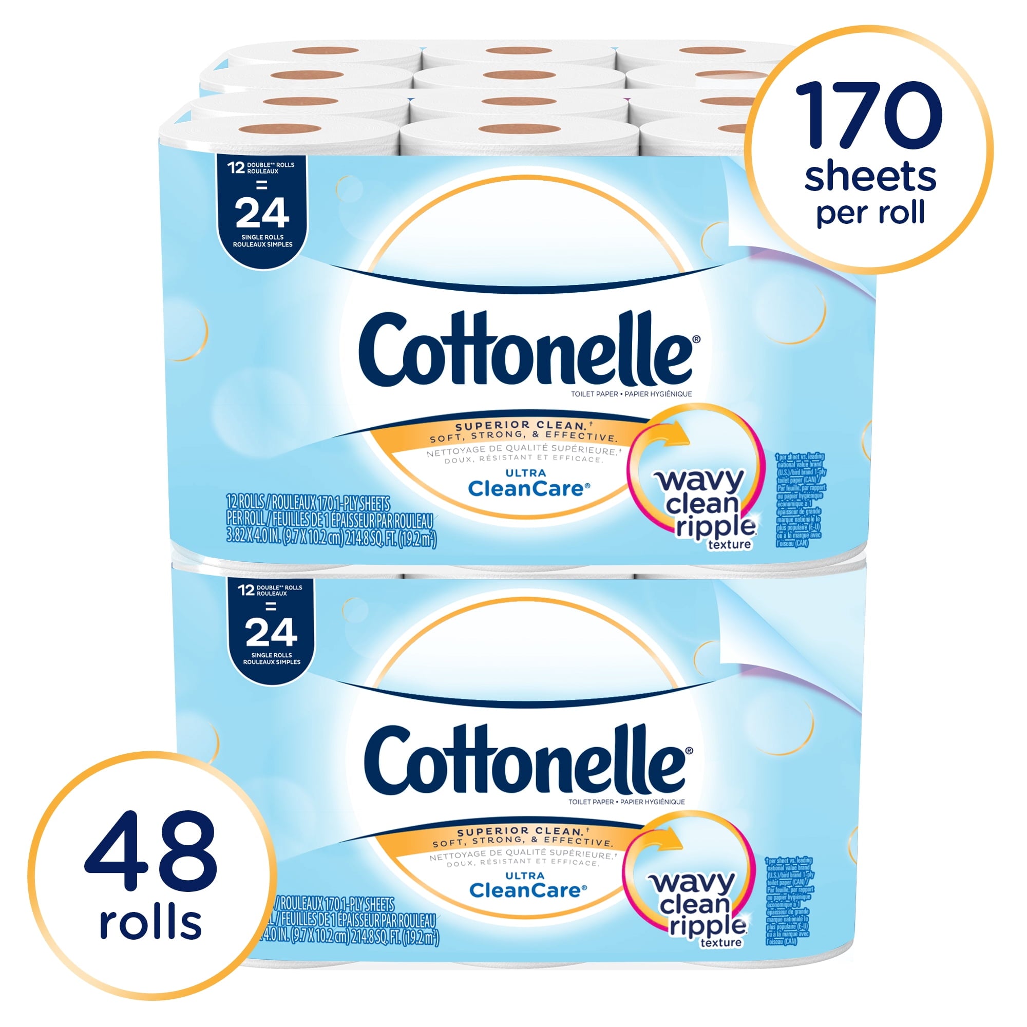 Cottonelle Professional Standard Roll Toilet Paper - Bulk (12456), Ultra CleanCare Bathroom Tissue, Clean Ripple Texture, White (48 Rolls of 170 Sheets, 8, 160 Sheet Total)