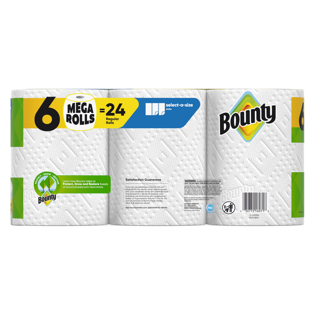 Bounty Paper Towels Select-A-Size White - 6 Mega Rolls, 164 Sheets per Roll