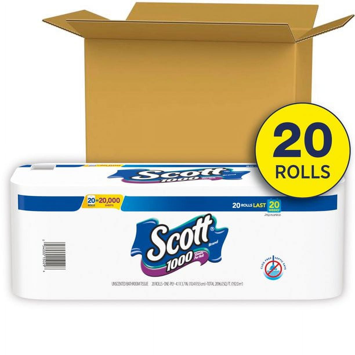 Scott 1000 Bathroom Tissue - Septic Safe, 1-Ply, White, 1, 000 Sheet/Roll, 20/Pack, Each