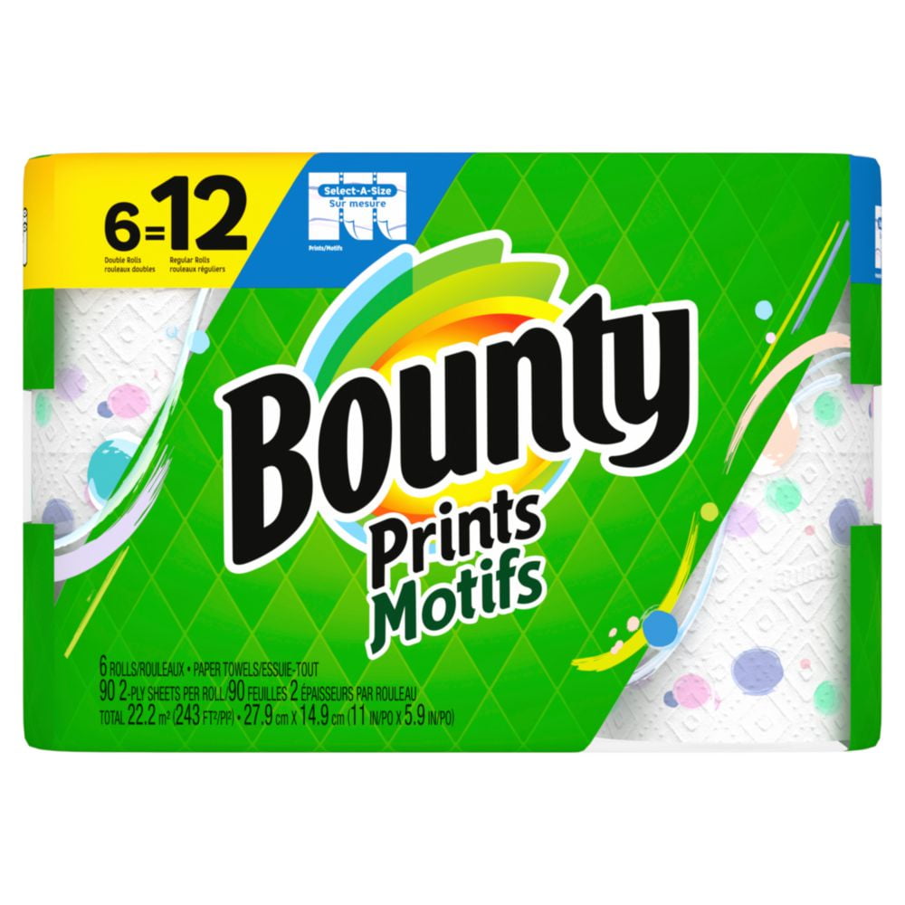 Bounty Select-A-Size Paper Towels - 6 Double Rolls, Print, 90 Sheets Per Roll