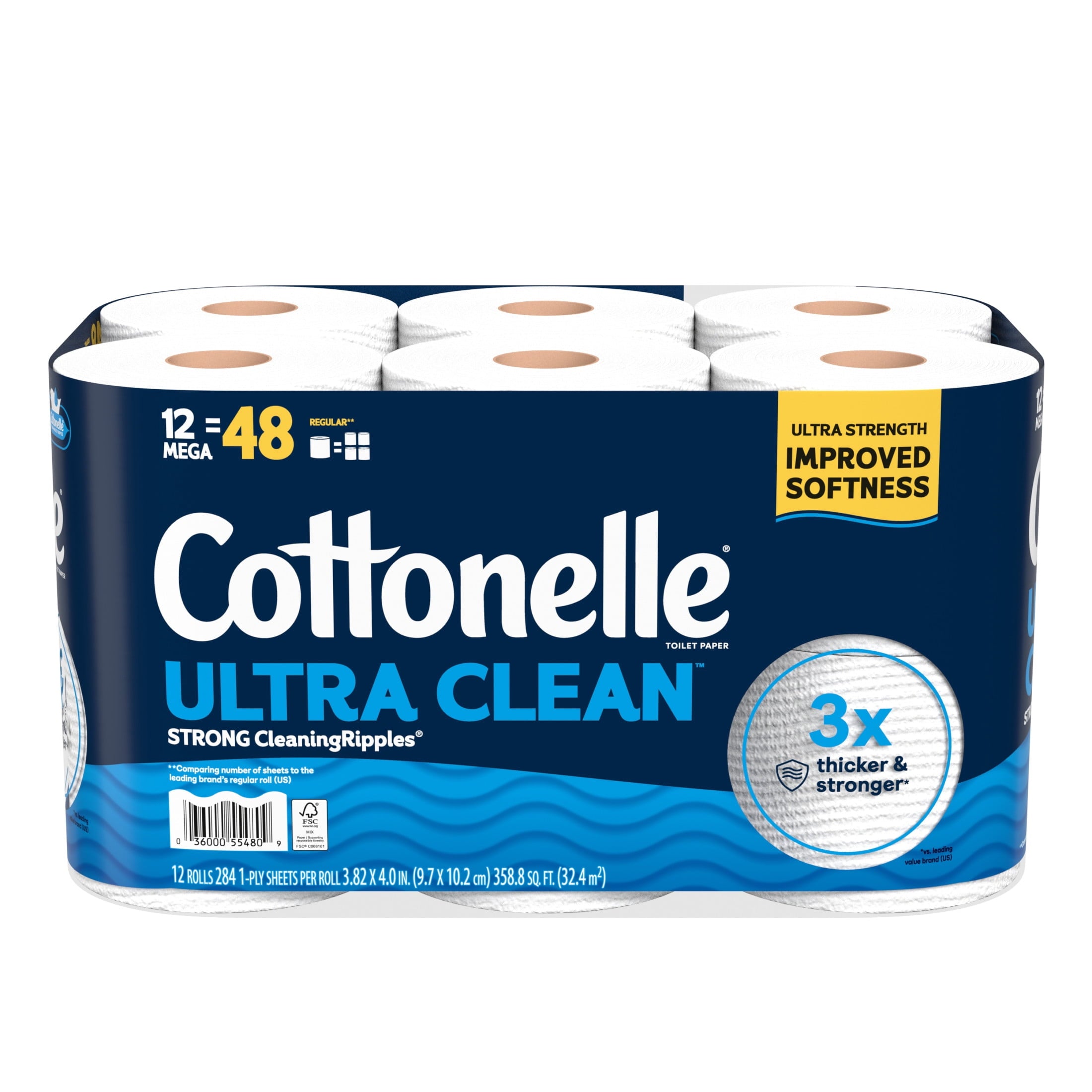 Cottonelle Ultra Clean Toilet Paper - Strong Toilet Tissue, 12 Mega Rolls - 4-Pack