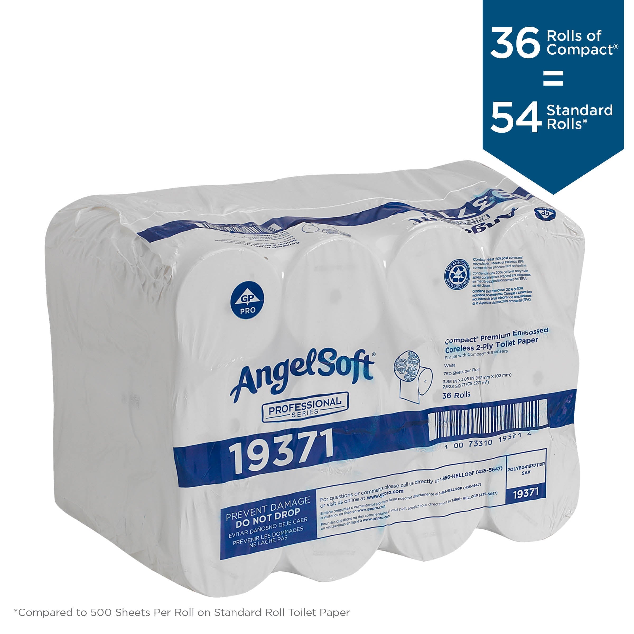 Angel Soft Professional Series Compact Coreless 2-Ply Toilet Paper - 750 Sheets/Roll, 36 Rolls/Case